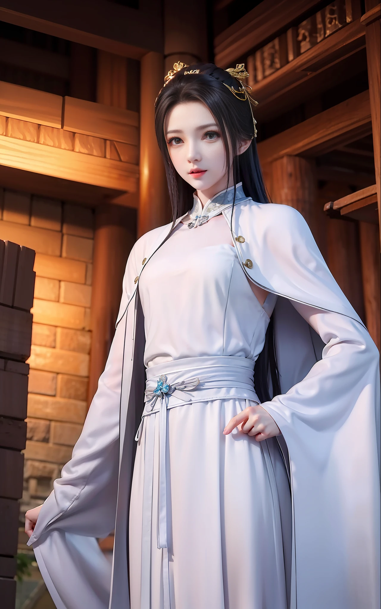 Wuxia，White robe white，length hair，Ancient buildings，Deep mountains