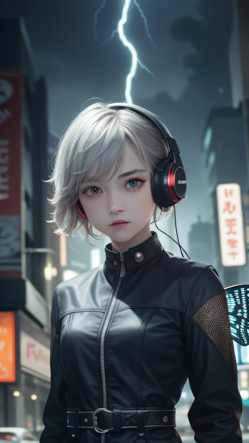 A very detailed portrait of a single girl standing on a street corner, in a lightning and cloudy storm, neon and cyberpunk background, she is wearing a punk dress with silver chains and silver spikes, she has a butterfly wing hairpin wild hair, she wears headphones and tie, petite, detailed glowing red eyes, pupils sharp, ominous aura, smile, punk, cyberpunk, backlight, masterpiece, the best quality, intricate details, absurdity, chromatic aberration, depth of field, soft lighting, tone mapping, highly detailed, artstation, concept art, smooth, sharp focus, dramatic lighting, highly detailed artwork, movies, trends on Artstation, 8K, incredible shadows, (highly detailed background: 1.0)
