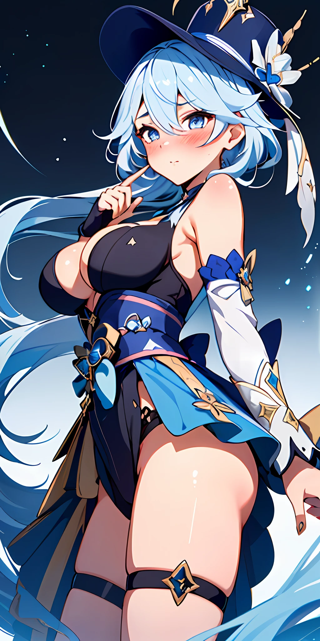 1girl, solo, focalors (genshin impact), focalors hat, , (from front view), (blushing:1.3), (pointed breasts:1.6), pov, masterpiece, highest quality, 8k, blue silver hair, sfwhand on chin, confident look