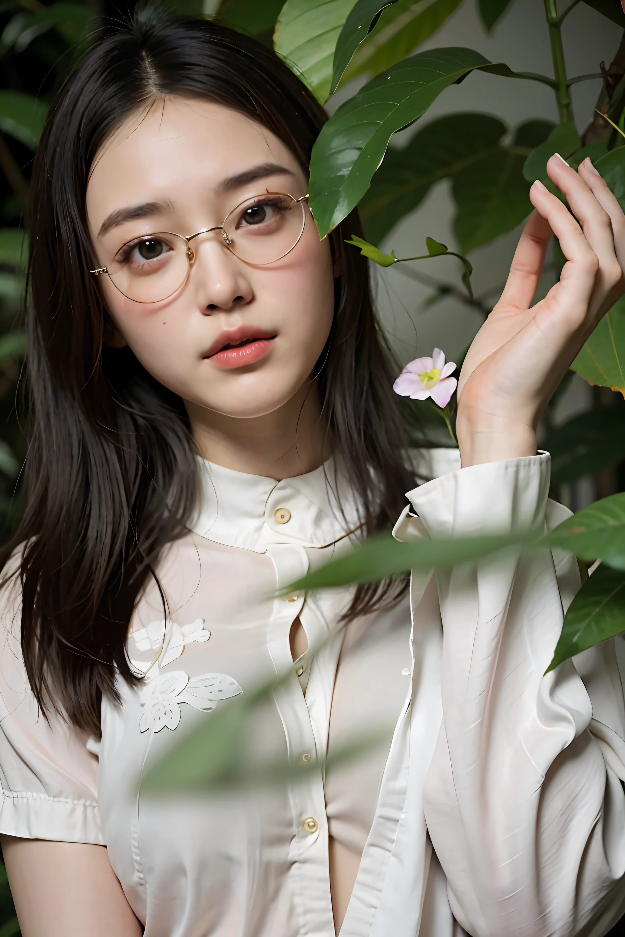 there is a woman with glasses standing next to a plant, next to a plant, lofi portrait, covered in plants, high quality portrait, xintong chen, cover photo portrait of du juan, inspired by Li Fangying, li zixin, inspired by Ye Xin, low quality photo, louise zhang, photo taken with canon 5d, enviromental portrait, wenfei ye