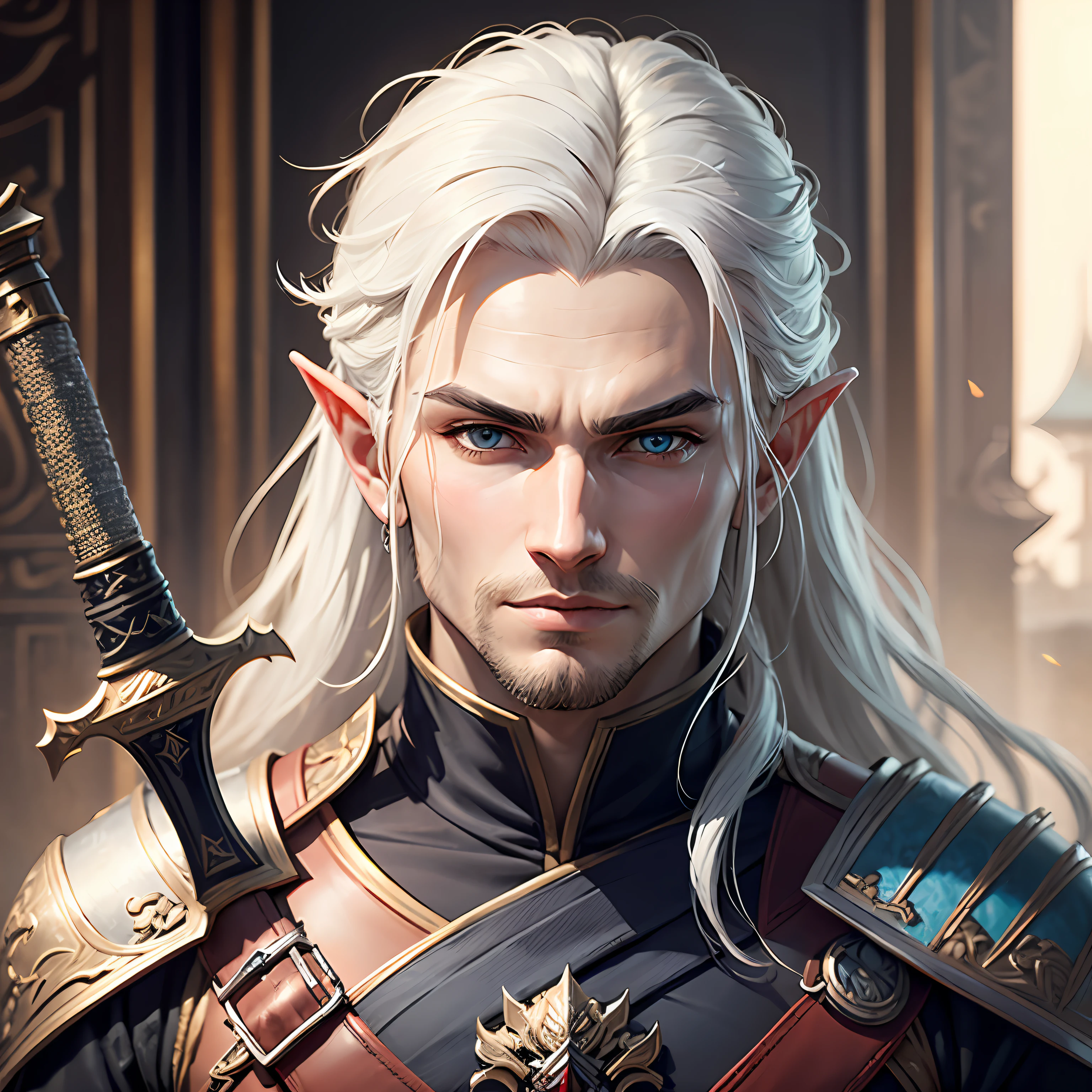a close up of a person with a white hair and a sword, lineage 2 revolution style, heise jinyao, loong, beautiful androgynous prince, zhao yun, from lineage 2, elven character with smirk, a portrait of a male elf, beautiful male elf, shadowbringers cinematic, a male elf, detailed lips, detailed blue eyes, looking at viewer, facing the viewer, face zoom, shoulders and head in the image, masculine, battle face, warrior, beard, the witcher looking --auto