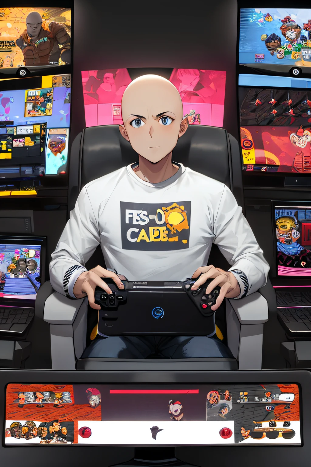 one boy, bald, careca, adulto, careca, acima do peso, moletom laranja, usando moletom laranja, sobrepeso, boca fechada, Video game controller in hand, sentado, olhando no visualizador, Foco masculino, linhas de movimento, divertido, sem cabelo, sem cabelo, barba fina, gordura, acima do peso, segurando o controlador de videogame, estilo anime