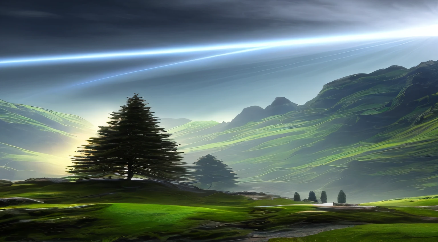 Paisagem realista, bem nitido, 8k, bem definido, montanhas, nuvens, celestial, paraiso, raios de sol atravessando as nuvens, deus, divino, paz.