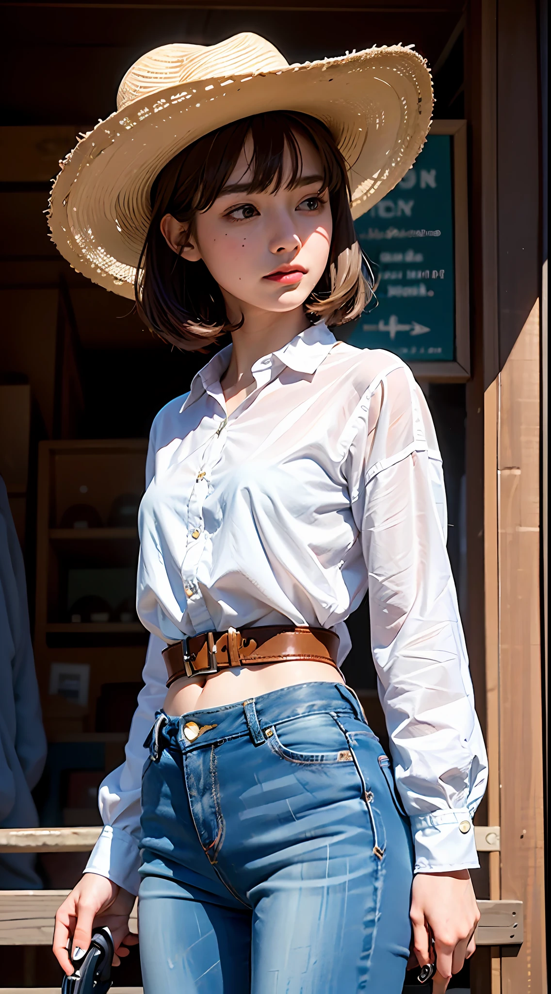 optimal quality,masterpaintings,ultra-high-resolution,(fidelity:1.4),Original photo,A small town in the American West,Air bangs,1 young girl,cinamtic lighting,waist belt,a revolver,Loose white shirt,cowboy hat,Denim pants, ponytailhair, curtained hair, side swept bangs, aqua eyes,