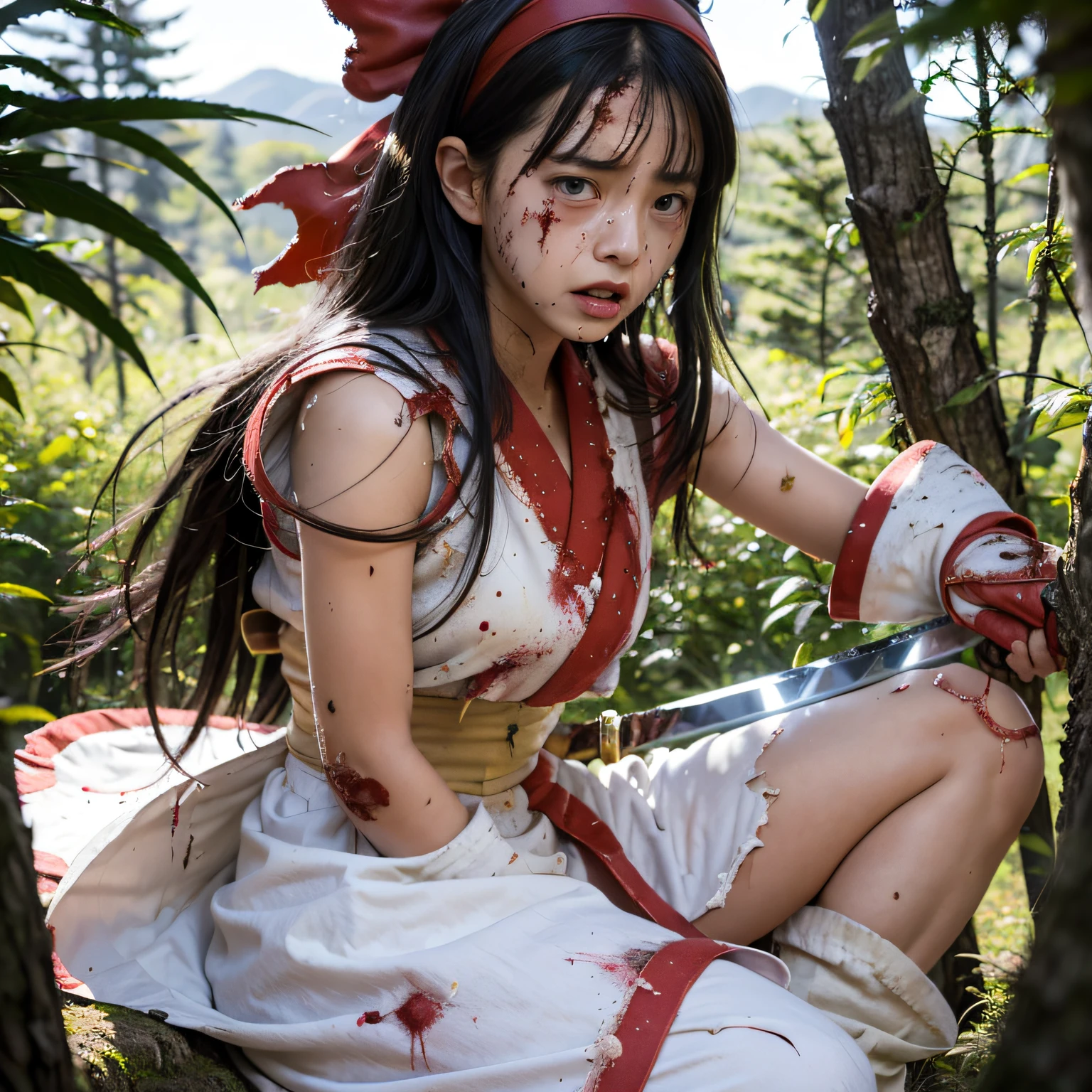 (Master Masterpiece), (Raw photography、highly best quality), UltraHighResolution, Professional artwork, ultra detaild, complicated, details face, Perfect lighting, (1 girl、独奏:1.2)、Nakoruru、long haired, Red bow, Bow, Blue Eye, black  hair, arma, ainu clothes, Hair Bow, Knives, hair band, reverse grip, ngel, Blood on Weapon, sash, The tree, Underpants, a sword, gloves, extra very long hair, looking at the viewers, ponie tail, long boots, Sleeveless, Fingerless gloves, Have a weapon, in a kimono, obi,(Crying、weak and tired eyes、Tears:1.2),(Bruises and blood stains on the face and body、blood flowing from head and face、injuries on body、Damage、Wounds and cuts、bleeding lips:1.3),(Torn clothing、Tattered clothes:1.5)、(Fighting Pose:1.2)、 (inside forest)、tousled hair、Tired and weak face、(Perfect Body、flawless、perfect thighs)、((Blood stains on clothes、bloody skin:1.3))、(Film lighting)、Soft lighting、Complex and cinematic appearance、Cinema tick writing、Dynamic Angles