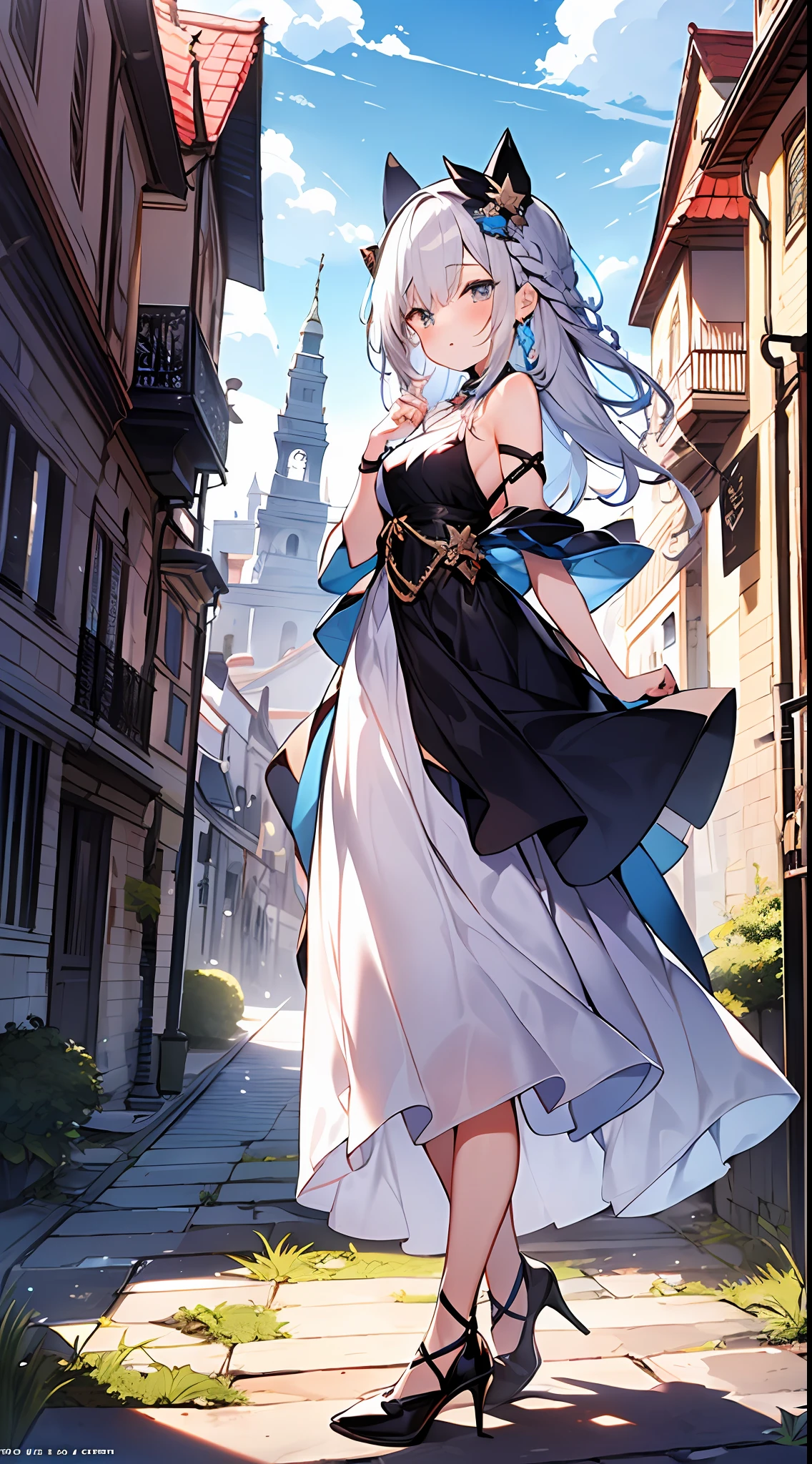 (incredibly absurdres absolutely resolution: 1.5), highest quality, masterpiece, ultra high resolution, 8k, (multiple girls), (gorgeous dresses with many gorgeous and colorful decorations) BREAK shoujo manga style, (), soft line drawing, digital enhancement, shojo manga touch, environmental change scenes, shojo manga core, ( Hair length to the shoulders))), (((short braid))), ancient capital of the West, full body visible angle, entangle, beautiful and aesthetic: 1.5, High quality: 1.3