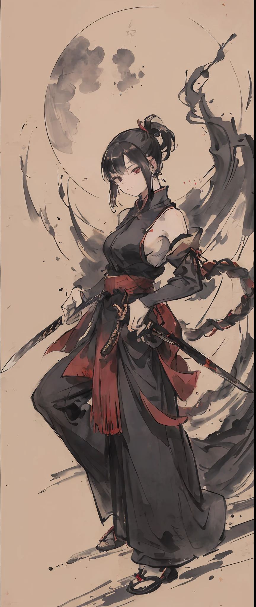 ((4K、A masterpice、最好质量、ninjas))、shuimobysim、Traditional Chinese Ink Painting、One Girl Standing、Sharp eye light、The is standing、fullmoon、by night、Knives、Ready、Ninja attire、Assassin、black-and-white、monochrome