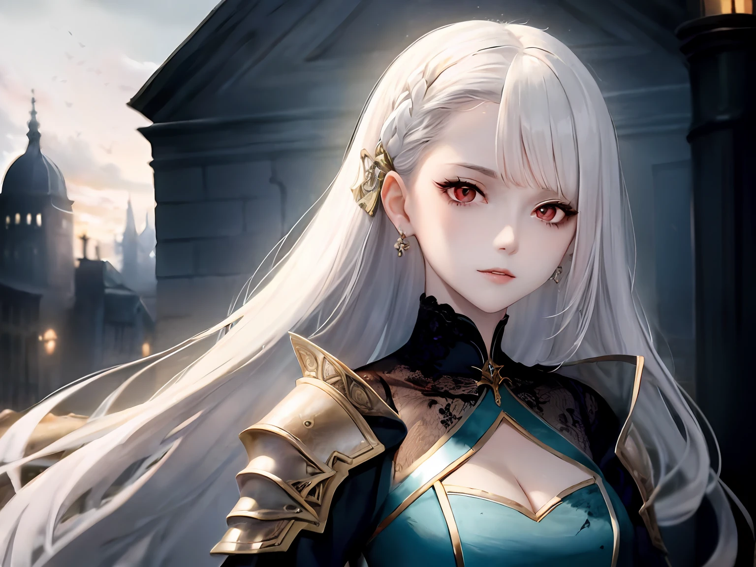 Mature girl，Full upper body portrait，The head proportions should not be too large，Undead warriors，Pale skin，Mask mask，Long white hair，Red eyes，Gorgeous accessories，masterpaintings，sexy cleavage，Broken armor，Slender，Parted bangs，Stone building in the background