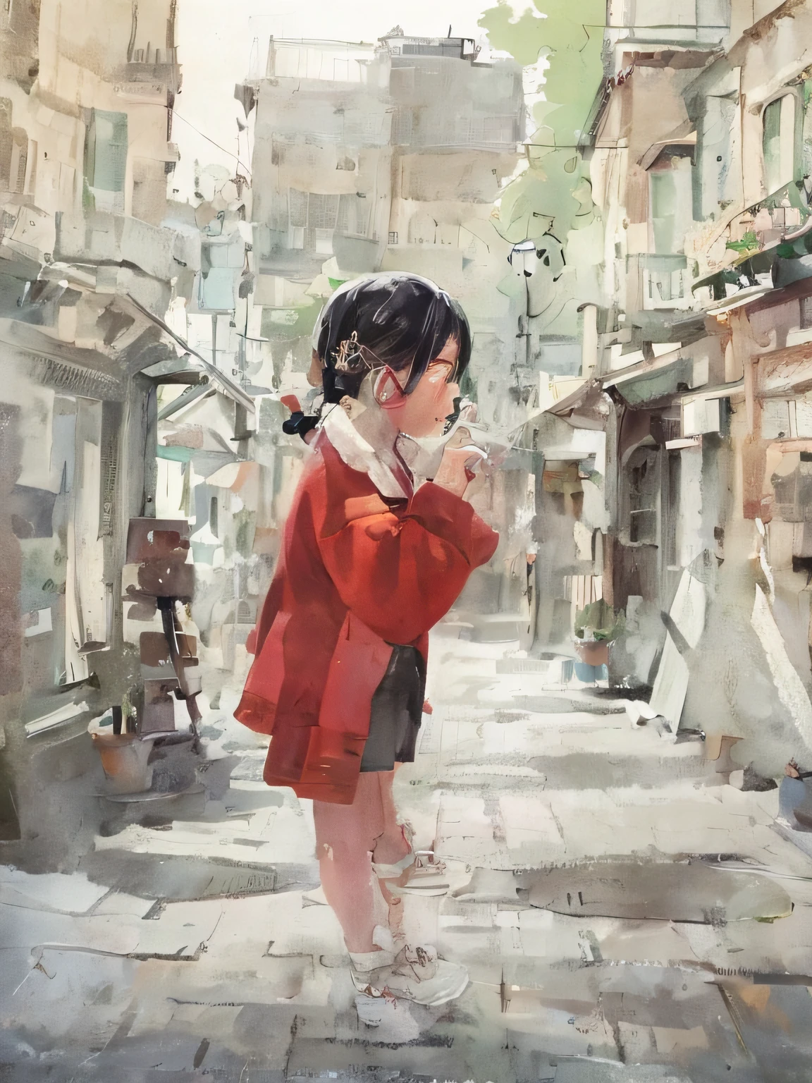 A pretty girl blows bubbles with her mouth, Wear a red top, Black pants， There are rabbit ear decorations on the side of the trouser leg，Black hair，Two twisted braids，Side face girl