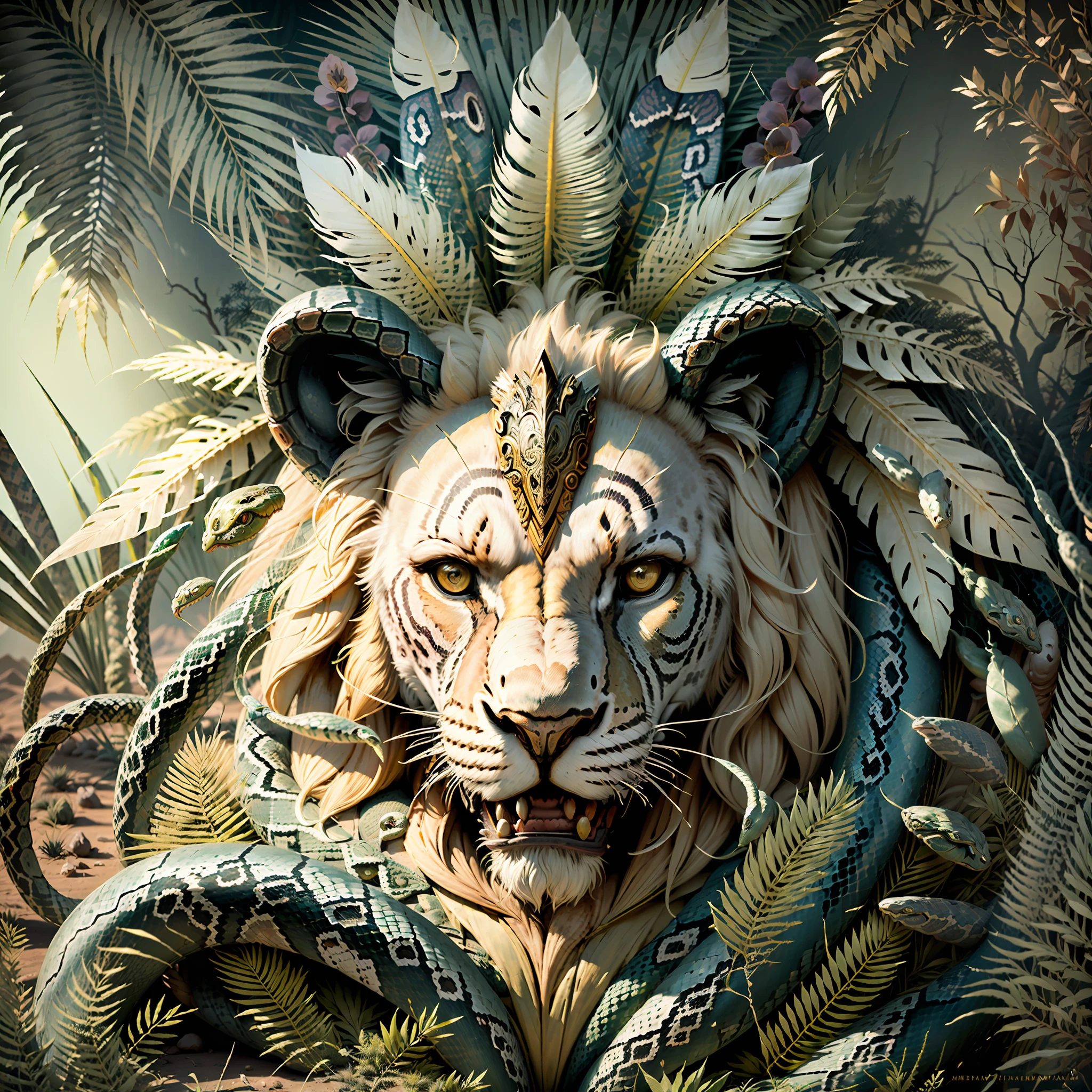 Lion ((indigenous style)),,((meditative state),,((Leo head)) Shaman, elegant, hair with details, with Indian headdress on head, ((praying)) many colorful feathers, colorful feathers,,((snake)) facing the camera, detail: dense tropical foliage, highly detailed intricate, ((masterpiece)), ultra hyperrealistic, masterpiece