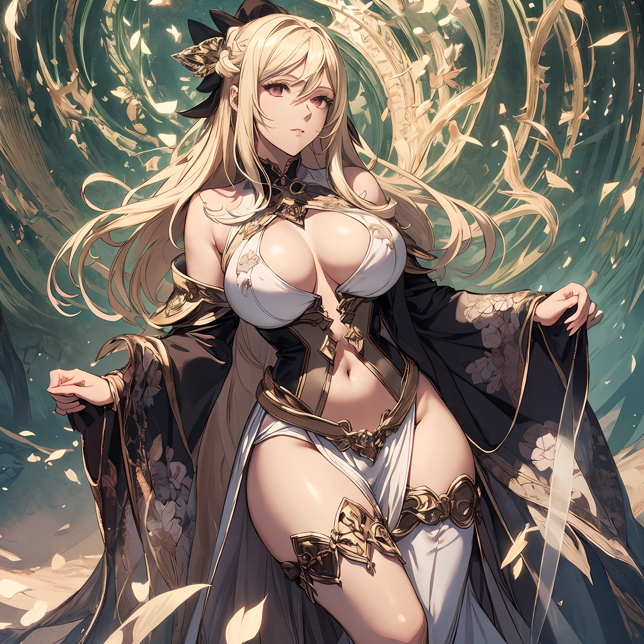 masterpiece, best quality, 1woman, adult, female focus, solo, blonde hair, long hair, vibrant green, looking at viewer, closed mouth, Fantasy aesthetics, Highly detailed, shadowverse style, full body, white attire, thick thigh, big breast, thick