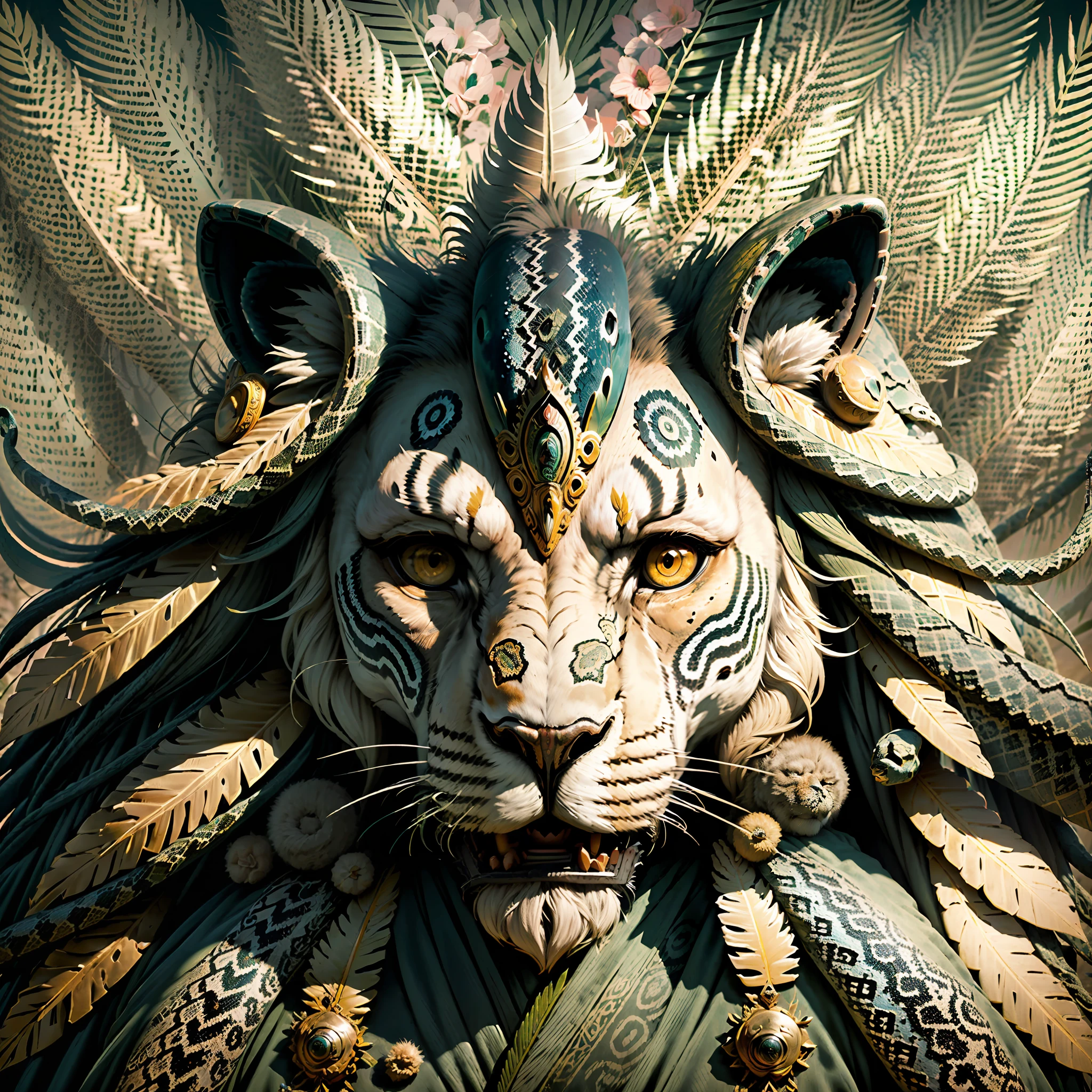 Lion ((indigenous style)),,((meditative state),,((Leo head)) Shaman, elegant, hair with details, with Indian headdress on head, ((praying)) many colorful feathers, colorful feathers,,((snake)) facing the camera, detail: dense tropical foliage, highly detailed intricate, ((masterpiece)), ultra hyperrealistic, masterpiece