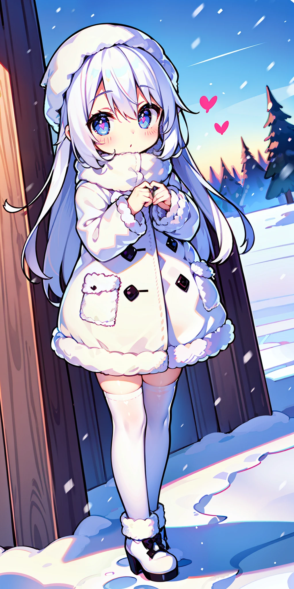 Loli, long hair, cute, heart-shaped pupils, solo, white hair, blush, winter, snow, outdoors, white stockings, standing