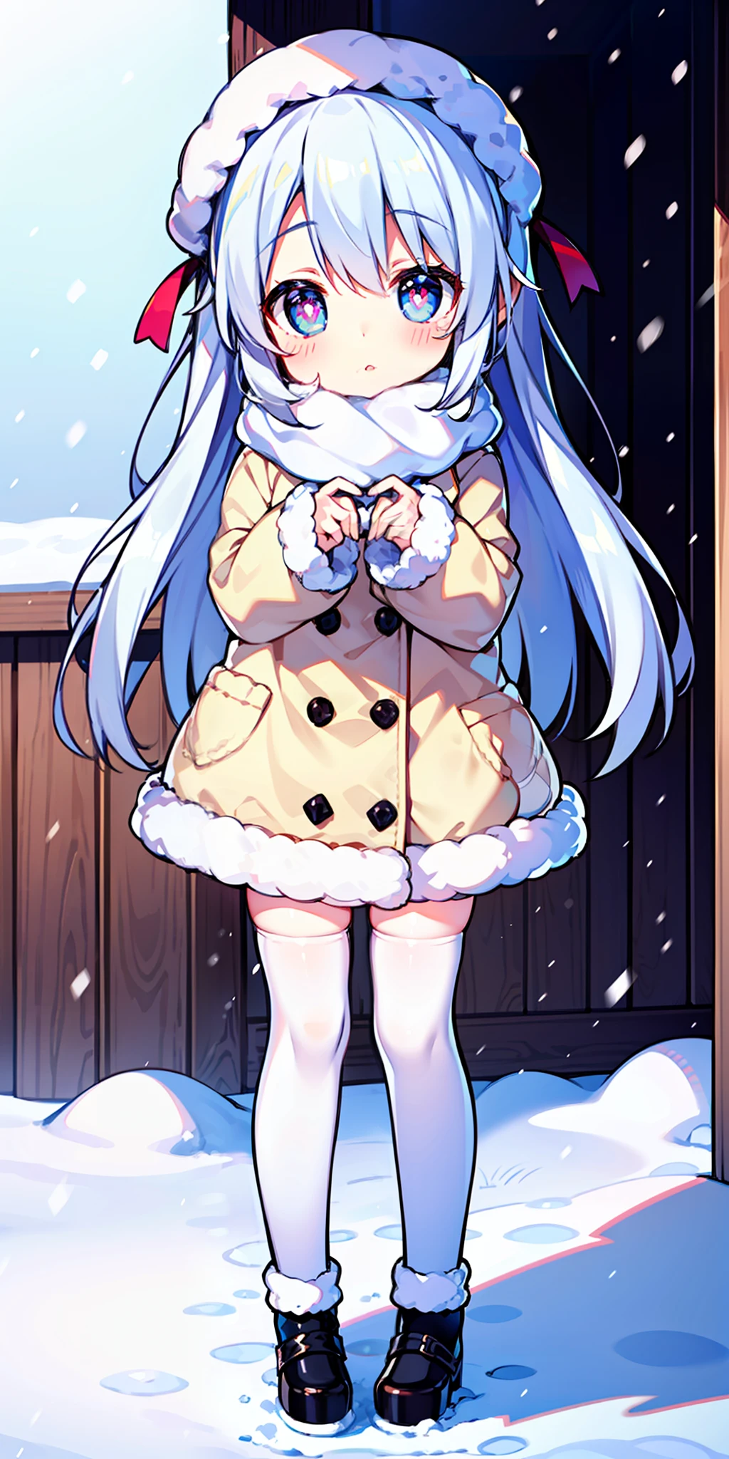 Loli, long hair, cute, heart-shaped pupils, solo, white hair, blush, winter, snow, outdoors, white stockings, standing