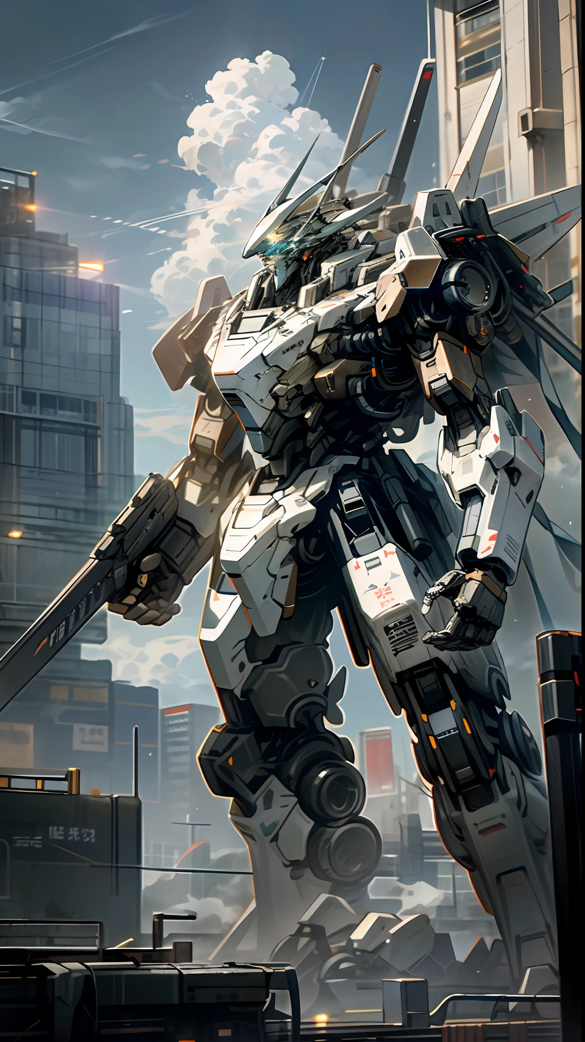 sky, cloud, holding_weapon, no_humans, glowing, , robot, building, glowing_eyes, mecha, science_fiction, city, realistic,mecha
