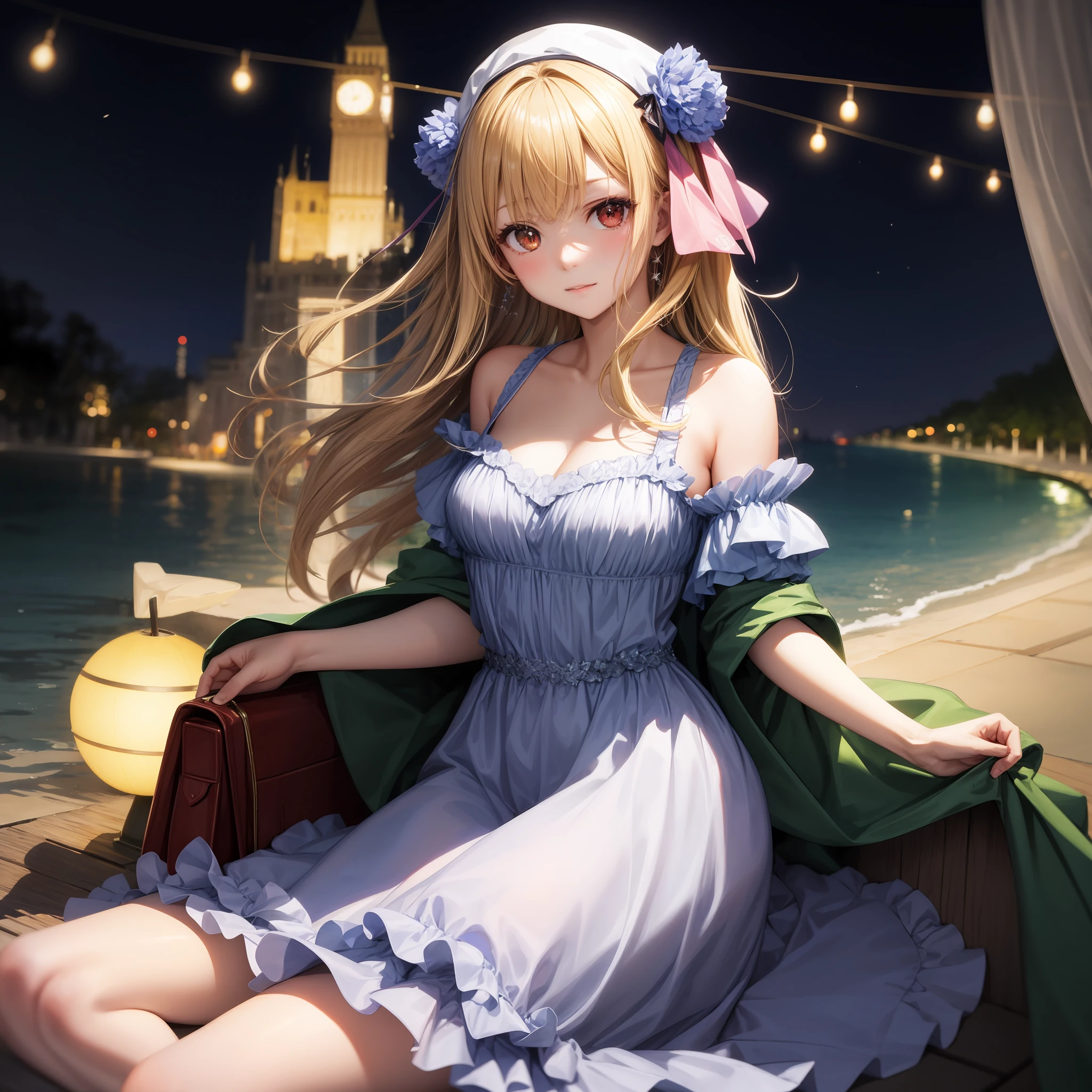 アニメ、One beautiful blonde girl、red-eyed、Fluffy dresses