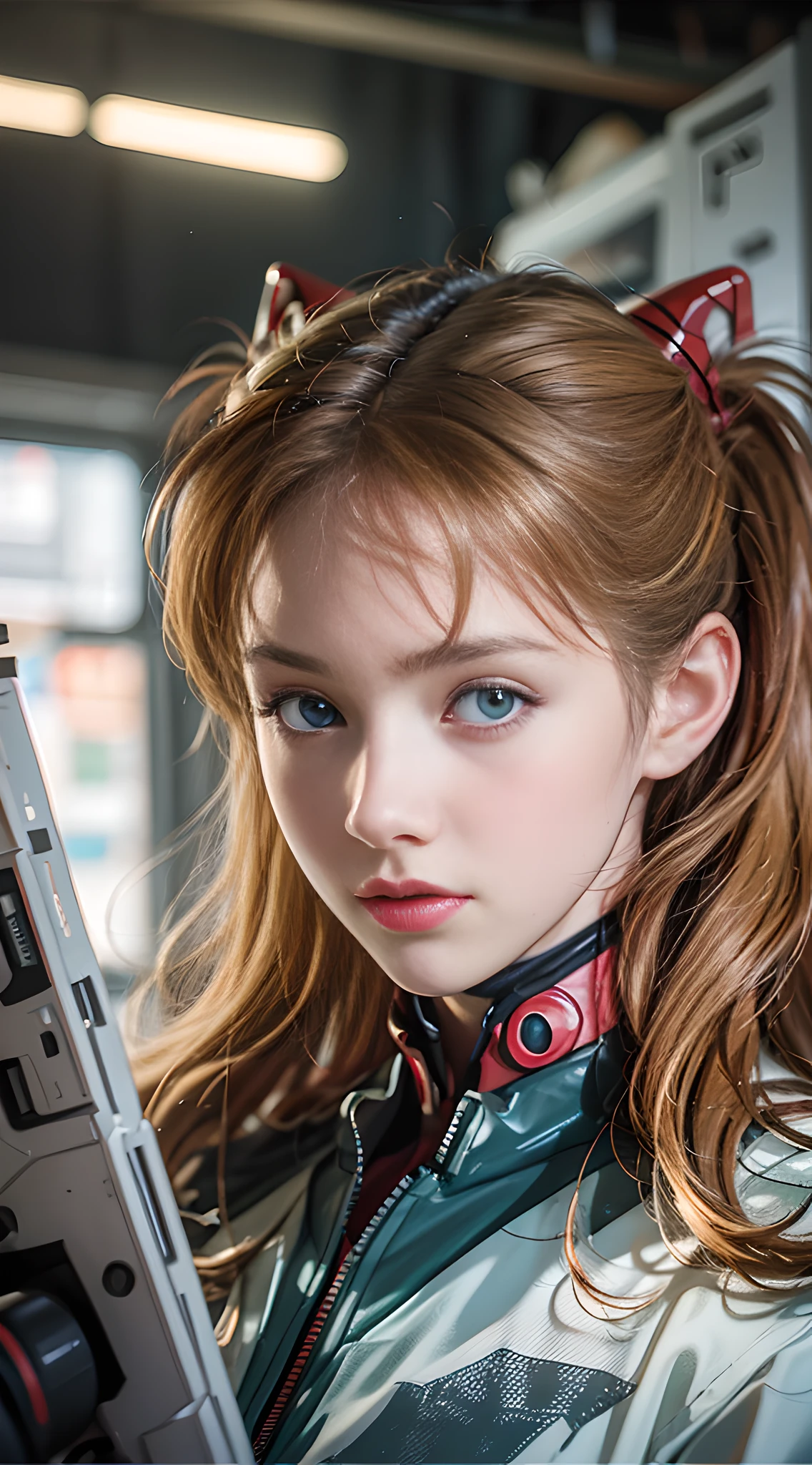 (Overhead view),dynamic angle,ultra-detailed, illustration, close-up, straight on, 1girl, 
 ((souryuu asuka langley, interface headset, red bodysuit:1.4, blonde)),Her eyes shone like dreamy stars,(glowing eyes:1.233),(beautiful and detailed eyes:1.1),(expressionless,closed mouth),(standing), 
(mechanic room with toolsand spaceship windowin a white SPACESHIP),
(night:1.2),dreamy, [[delicate fingers and hands:0.55]::0.85],(detail fingers),