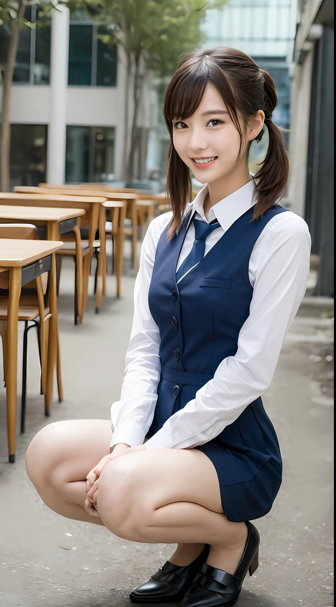 Highly detailed 8k wallpaper), sharp focus, detailed, dramatic, delicate and beautiful schoolgirl, 15 years old, sheer white shirt, tie, dark blue pleated micro mini, light brown hair, smooth pigtails, hair ornament, sexy, smile, peeking at the viewer, beautiful graphics, bright school building, full of students, showing the whole body, sitting, squatting,