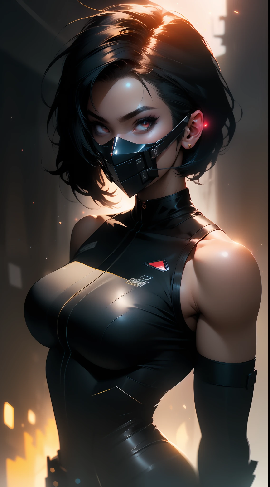 ((Best quality)), ((masterpiece)), (detailed: 1.4), (Absurd), angry princess, ((action pose)), (((woman with all-black graphite-colored skin)))), ((black mask with red eyes)), ready for war, black kinetic skin with exposed black muscles, hot woman, sculptural body with defined muscles, mouth closed, muscular body covered by a micro bikini, whole body covered by golden stars,  ((medium breasts)), (eyes with heavy makeup and very black without pupils), (((short black hair Colonel Motoko style)), (stars covering the body), ((drawings of golden stars on the arms)), very long eyelashes, heavy eye makeup, lots of jewelry, by mucha, niji --V5, close to the real, psychopath, crazy face, sexy pose, background with a giant Gundam-style robot head,  2 piece clothing, pastel, centered, scale to fit dimensions, HDR (High Dynamic Range),Ray Tracing,NVIDIA RTX,Super-Resolution,Unreal 5,Subsurface dispersion, PBR texture, Post-processing, Anisotropic filtering, Depth of field, Maximum clarity and sharpness, Multilayer textures, Albedo and specular maps, Surface shading, Accurate simulation of light-material interaction, Perfect proportions, Octane Render, Two-tone lighting,  Wide aperture, Low ISO, White balance, Rule of thirds, 8K RAW, crysisnanosuit