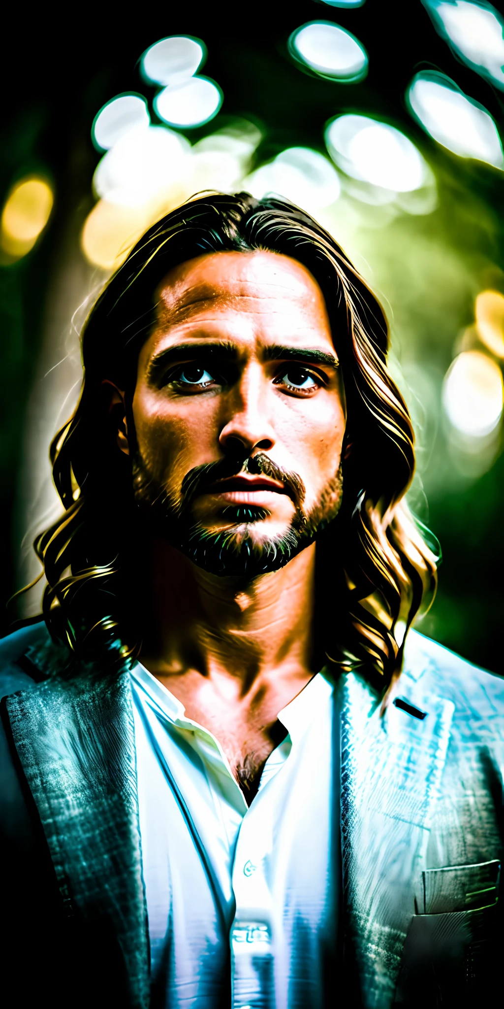 portrait of modern day Jesus, cinematic lighting, depth of field, bokeh, realism, photorealistic, hyperrealism, professional photography, uhd, dslr, hdr