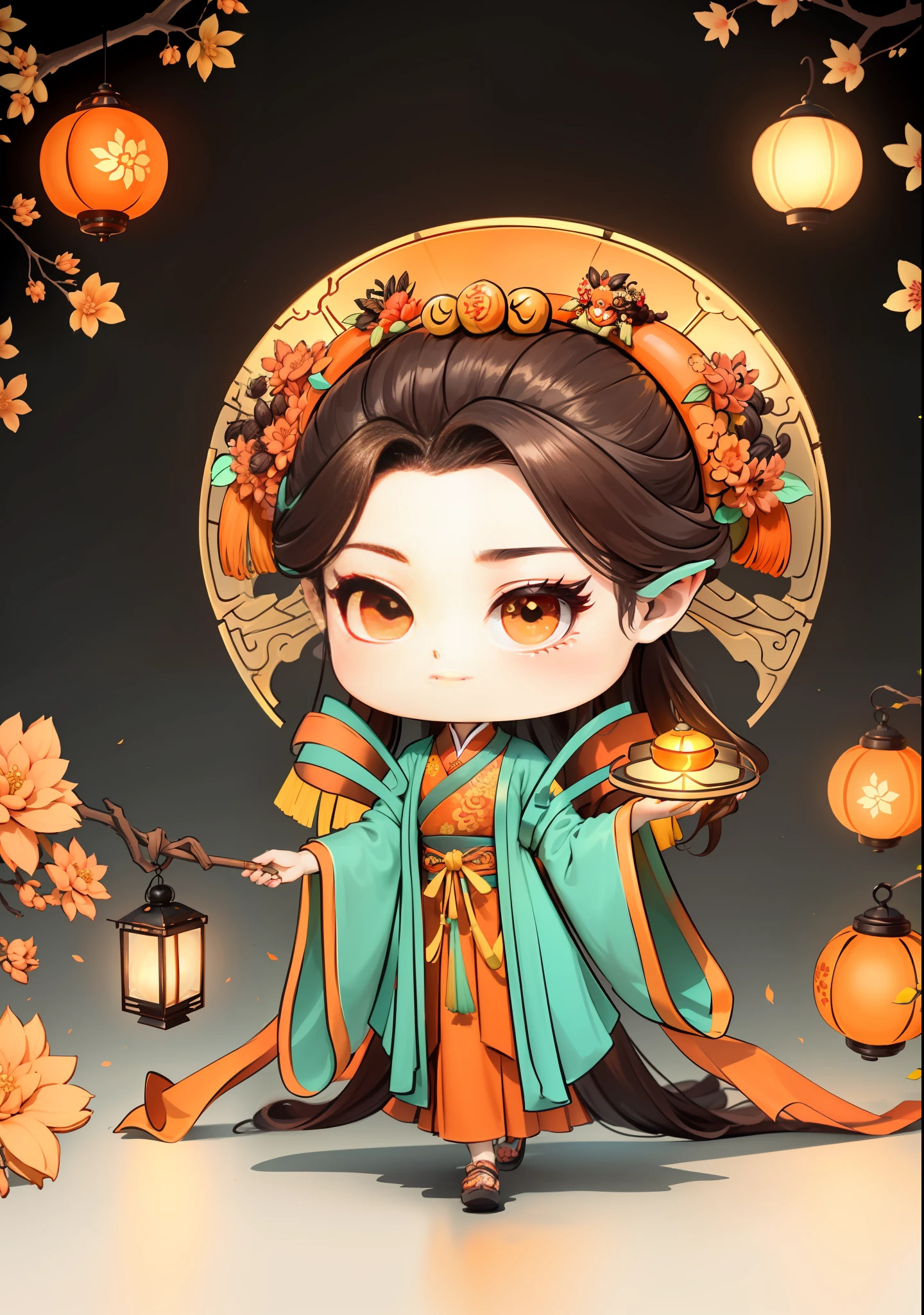A Chinese girl in Hanfu, holding a lantern in one hand, dragging mooncakes with the other, autumn, Mid-Autumn Festival, mooncakes, dark brown hair, ancient Chinese hair bun, pattern, orange-red skirt, cyan-orange color matching, golden osmanthus flowers on both sides of the hair, some metallic flower headdresses, bright color blocks, bright colors, line art, infinite details, fine painting, exquisite portrayal, blank background 8k,