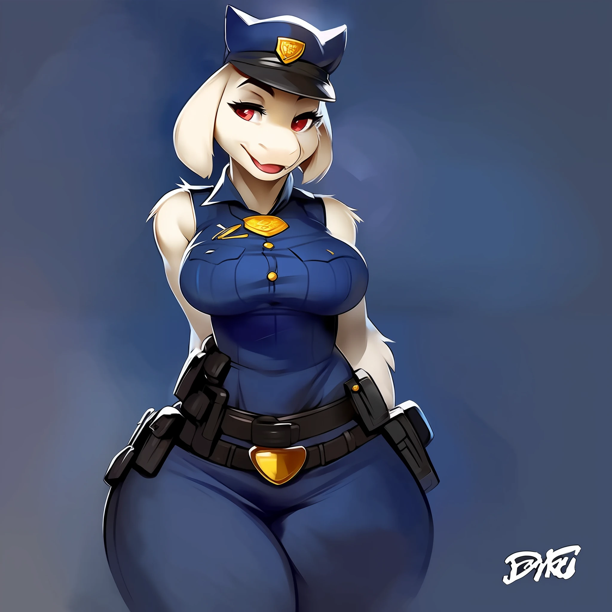 Author: darkgem, Author: DragonFu, toriel, older female, 独奏,
Clothed, police uniform, wide thighs, pear-shaped figure, Detailed fur,
blue background