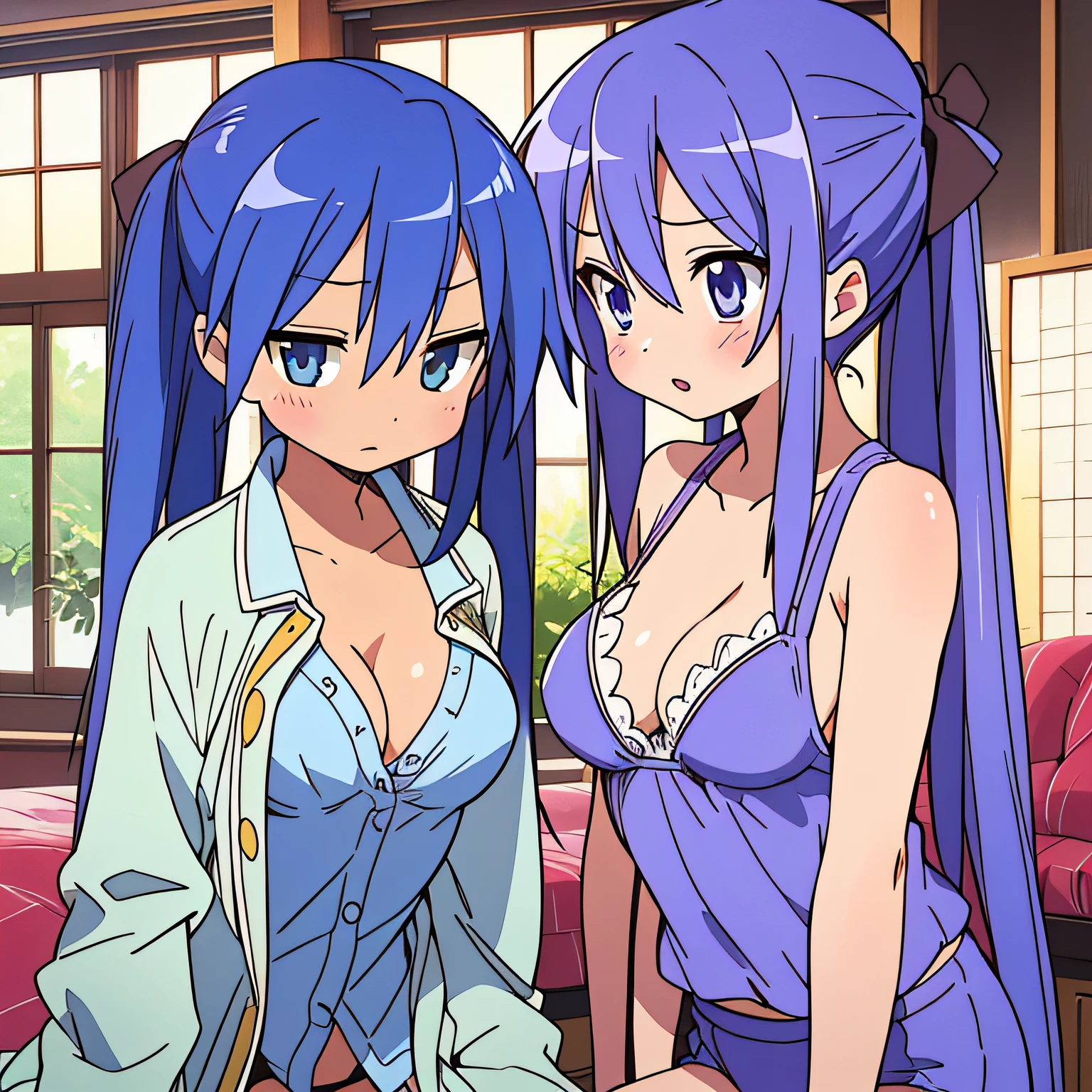 Kagami Hiiragi、Konata Izumi、(Young girl, twintails、Light purple hair、long haired、) and (Lori, small tits,Blue hair、Very long hair、short stature、11yeold) 、(((cleavage breasts)))、(Sunburn marks)、titts、Lori、Two girls、Fluffy garments、Navel Ejection、、{{Wet skin}}、{{Wet clothes}}、(masterspiece)、(best qualitiy)、 (Ultra detailded)、(the best illustration),Perfect Body、 (Extremely delicate and beautiful)、Fine detail、ryokan、inside room、the FUTON、Lighting、Hajirai、Touching the chest、steam