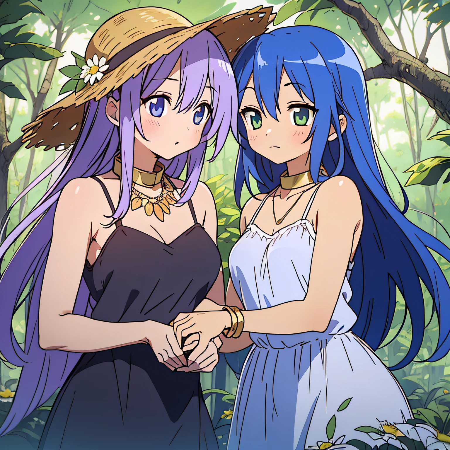 Kagami Hiiragi、Konata Izumi、NSFW、(collar bone:1.331)、(camisole:1.21)、2  girls、Yuri、lesbian、kissed、lesbian、、Woman in floral dress and straw hat standing on tree branch、Wet see-through dress、Woman in a gray dress with bouquet of daisies、Stock photo by Oleg Oprisco、pinterest、art photography、Made with flowers、Soft light、Captivating、Intimate, but not tight、 Cuffs decorated with light gold lines、 ten mens々can't help but think of twinkling stars in the starry sky、 Wearing a necklace made of sapphire and gold、lightning、fire balls、Call a skirt lift、