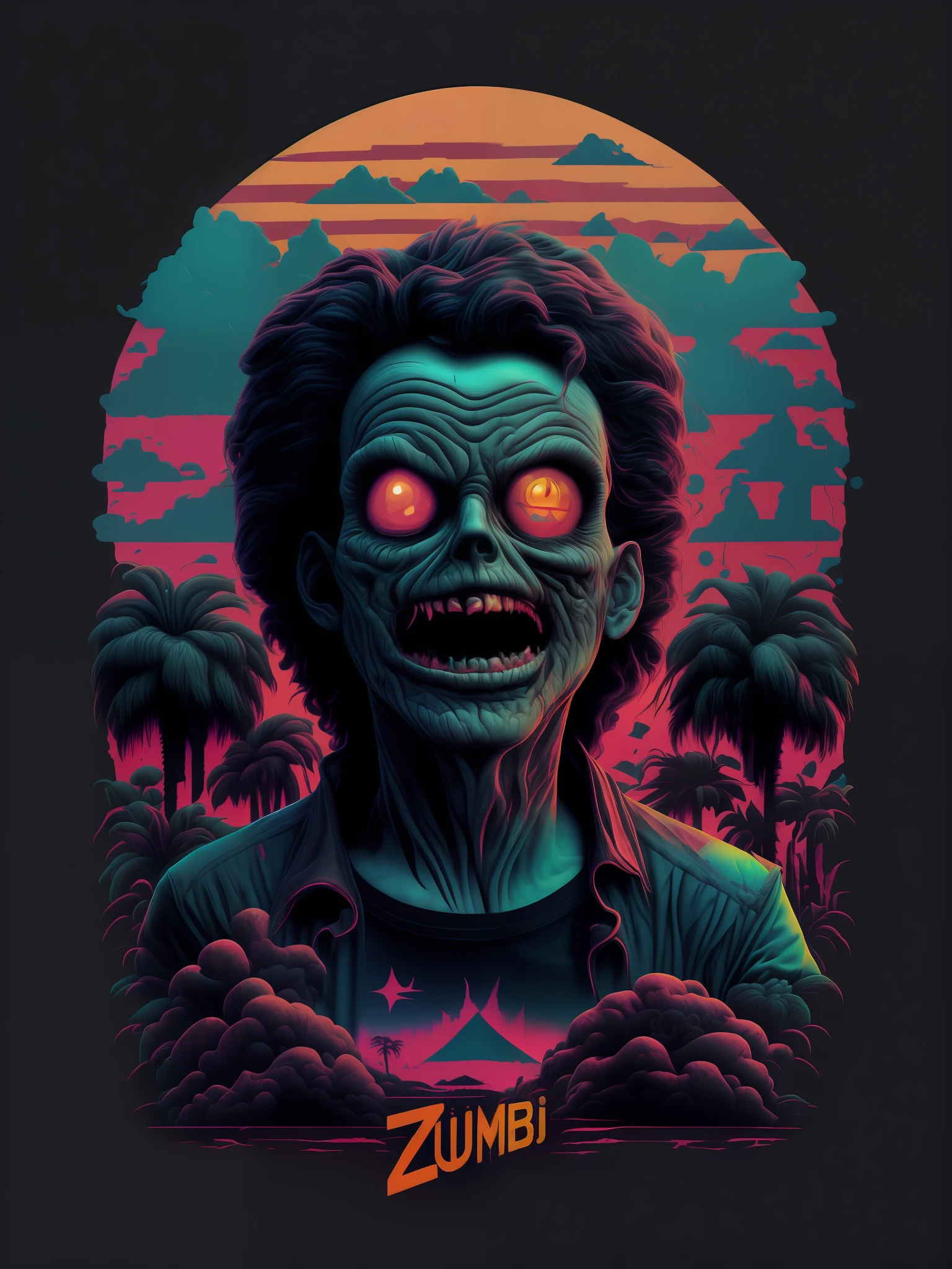 Zumbi .psicodelic, imagem vetorial, design de camiseta, isolado, fundo preto, 3D horror illustration,terror anos 90