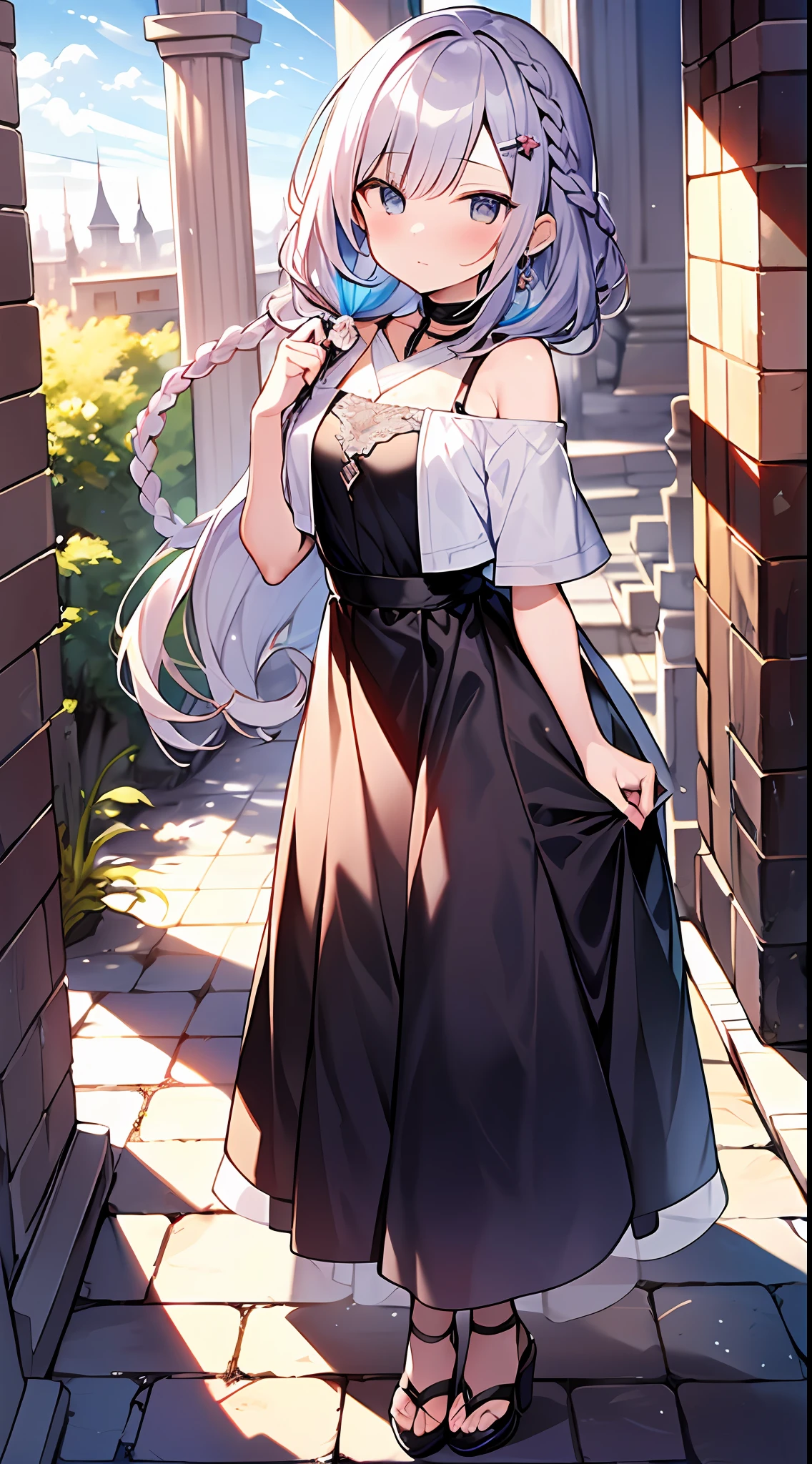 (incredibly absurdres absolutely resolution: 1.5), highest quality, masterpiece, ultra high resolution, 8k, (multiple girls), (gorgeous dresses with many gorgeous and colorful decorations) BREAK shoujo manga style, (li), soft line drawing, digital enhancement, shojo manga touch, environmental change scenes, shojo manga core, ( Hair length to the shoulders))), (((short braid))), ancient capital of the West, full body visible angle, entangle, beautiful and aesthetic: 1.5, High quality: 1.3