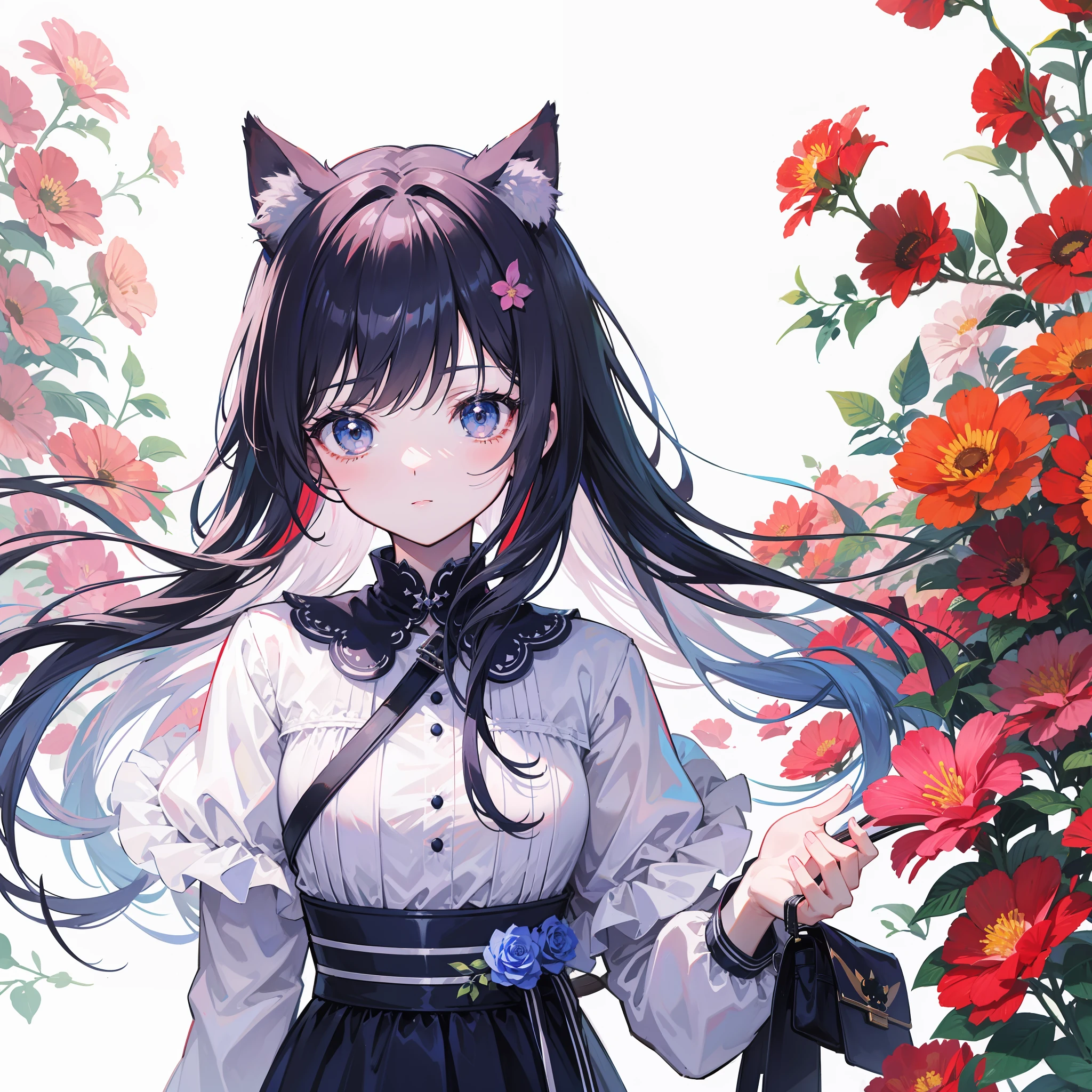Anime Pictures。Delicate lines。Bright and refreshing shades。Cute cat-eared girl about 18 years old。Deformed illustration。Design composition with the image of colorful flowers。Hedge of flowers in the background。Extremely high quality、high picture quality、A masterpice、Best-aesthetic