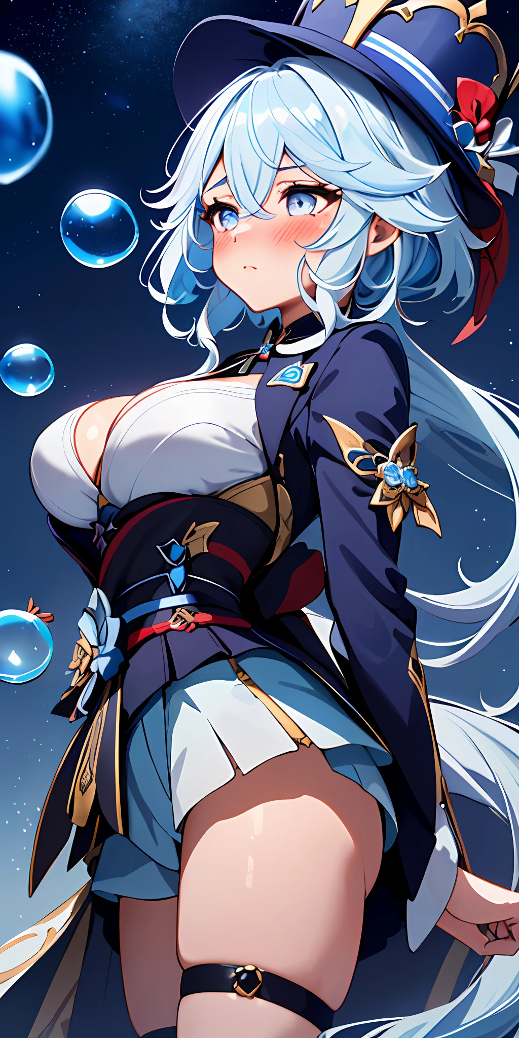 1girl, solo, focalors (genshin impact), focalors hat, , (from below view), (blushing:1.3), (bubble breasts:1.6), pov, masterpiece, highest quality, 8k, blue silver hair, sfw,hand on chin, confident look, fontain (genshin impact) night sky stars background