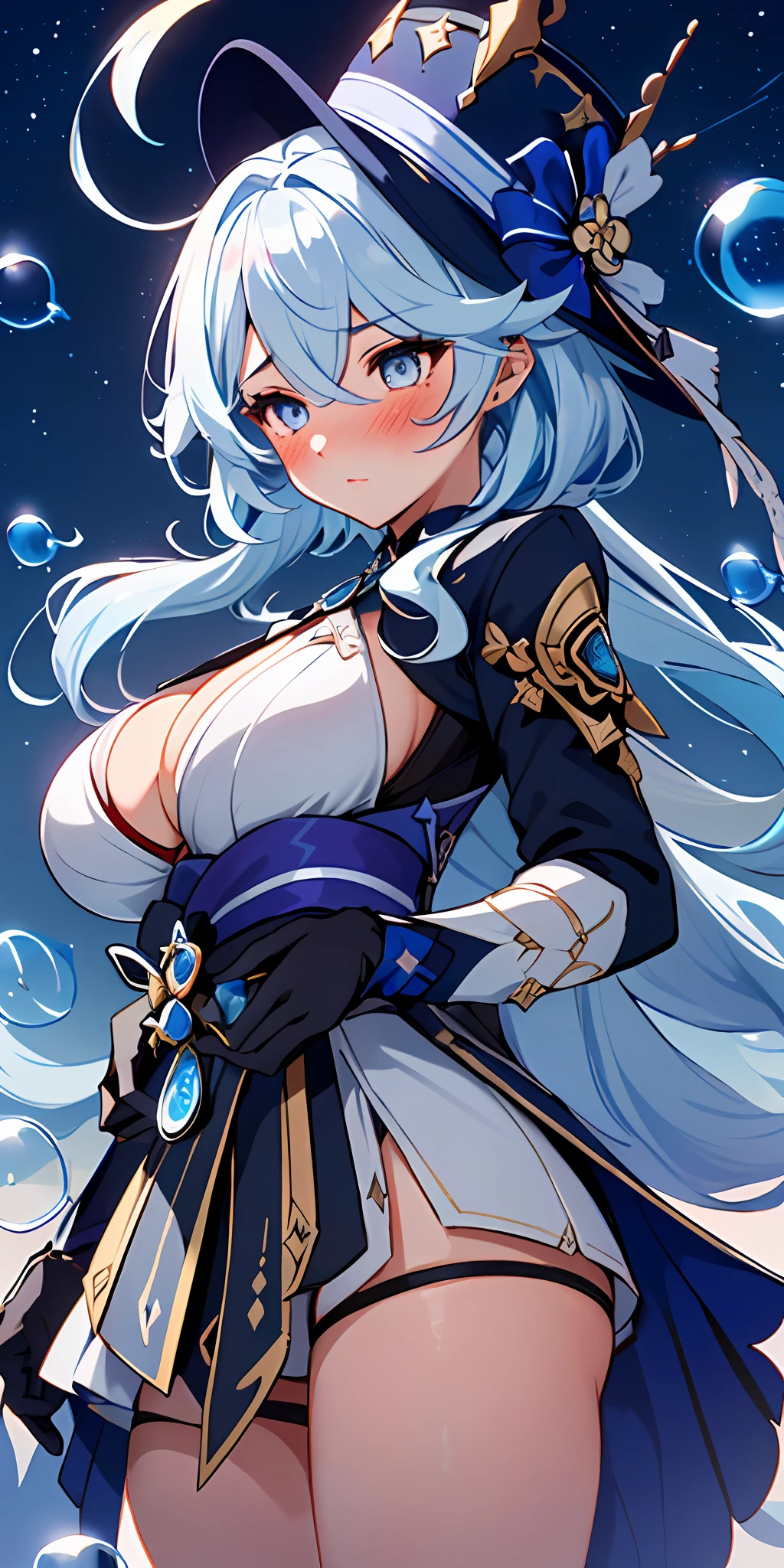 1girl, solo, focalors (genshin impact), focalors hat, , (from below view), (blushing:1.3), (bubble breasts:1.6), pov, masterpiece, highest quality, 8k, blue silver hair, sfw,hand on chin, confident look, fontain (genshin impact) night sky stars background