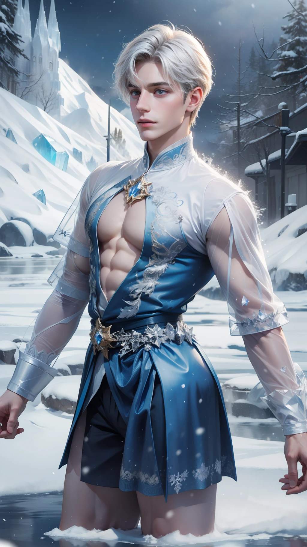 1boys,Young men,Male,superdetailed,Wallpapers,Hi-Def,optimal quality,(Ice and snow),Photorealistic photorealism,light particules,volumettic light,Photorealistic rendering,crystal shards,Ice and snow,Hair made of crystals,Land of gems,Transparent hair,White tulle,Gauze clothes,Flowing clothes