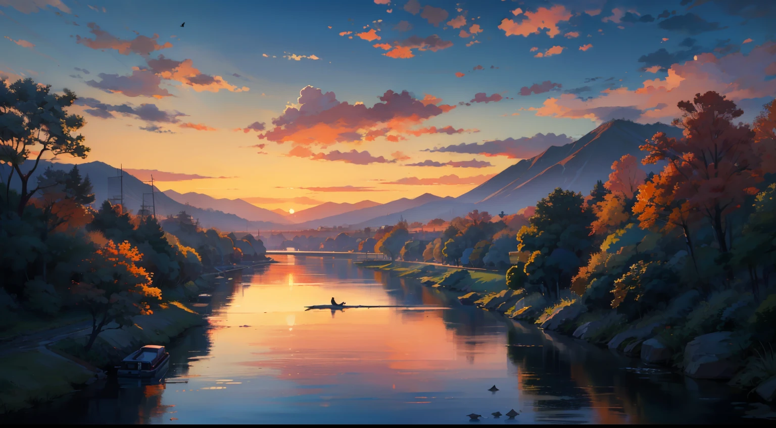 Sunset with a bird,in the autumn, the river water and the vast sky are connected,It's all the same。masterpaintings,UHD