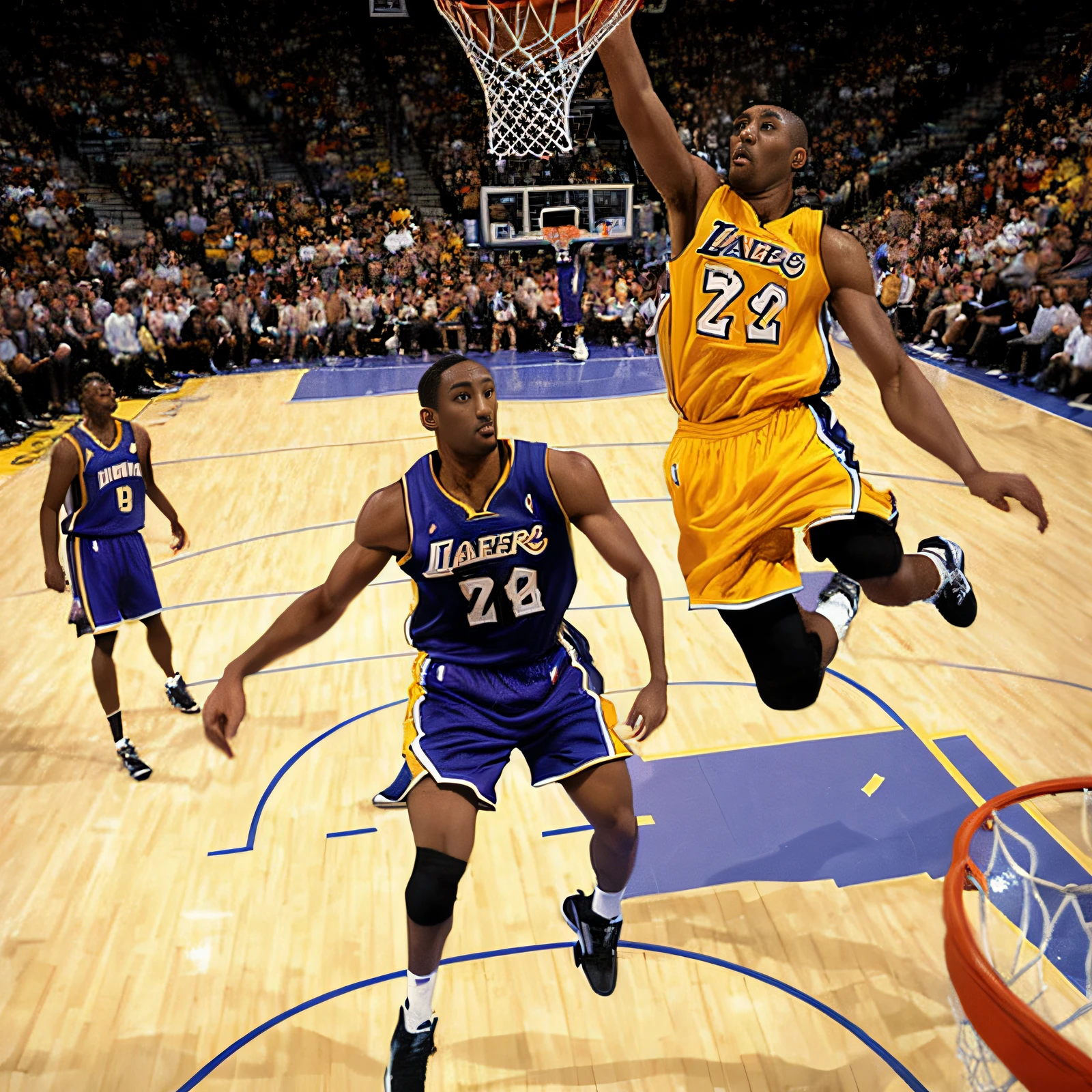 arafed basketball player in a yellow uniform is jumping to dunk the ball, Kobe bryant, dunking, photo 1998, 90s photo, 1 9 9 9, 1999, 1 9 9 8, 1998, brad, 2 0 0 0, 2000, NBA, portrait of kobe bryant
