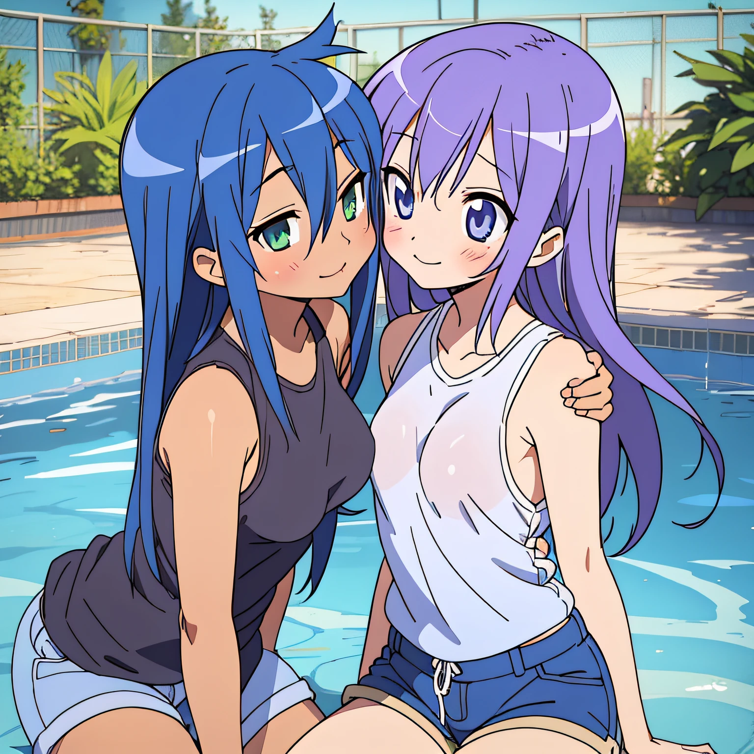 Kagami Hiiragi、Konata Izumi、Two women having fun by the pool、Lewd:1,2、Metamorphosis:1,2、NSFW:1,2、Lesbian Mika:1,2、Grabbing each other's buttocks、kissed、blushes、Wet sleeveless T-shirt、shortpants、anatomically correcte