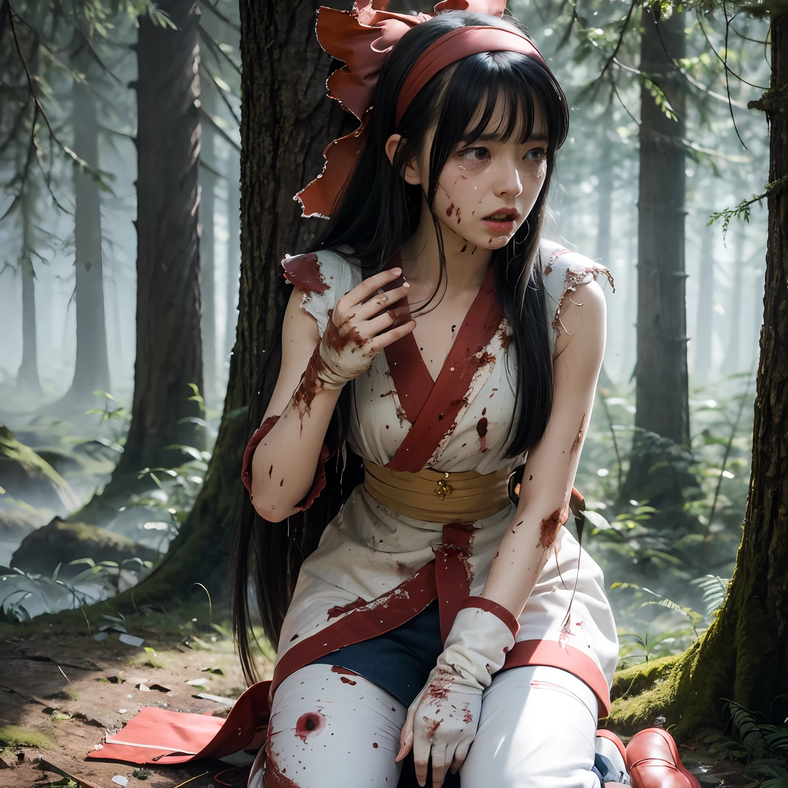 (Master Masterpiece), (Raw photography、highly best quality), UltraHighResolution, Professional artwork, ultra detaild, complicated, details face, Perfect lighting, (1 girl、独奏:1.2)、Nakoruru、long haired, Red bow, Bow, Blue Eye, black  hair, arma, ainu clothes, Hair Bow, hair band, reverse grip, ngel, Underpants,  gloves, extra very long hair, looking at the viewers, ponie tail, Underarms、naked leg, Sleeveless, Fingerless gloves, in a kimono, obi,A full body、(perfect hand:1.5)、(Perfect_Anatomy:1.2)、Octane Render、(Crying、weak and tired eyes、Tears:1.2),(Bruises and blood stains on the face and body、blood flowing from head and face、injuries on body、Damage、Wounds and cuts、bleeding lips:1.3),(Torn clothing、Tattered clothes:1.5)、(Kneeling weakly:1.2)、 (inside forest)、tousled hair、Tired and weak face、(Perfect Body、flawless、perfect thighs)、((Blood stains on clothes、bloody skin:1.3))、(Film lighting)、Soft lighting、Complex and cinematic appearance、Cinema tick writing、Dynamic Angles