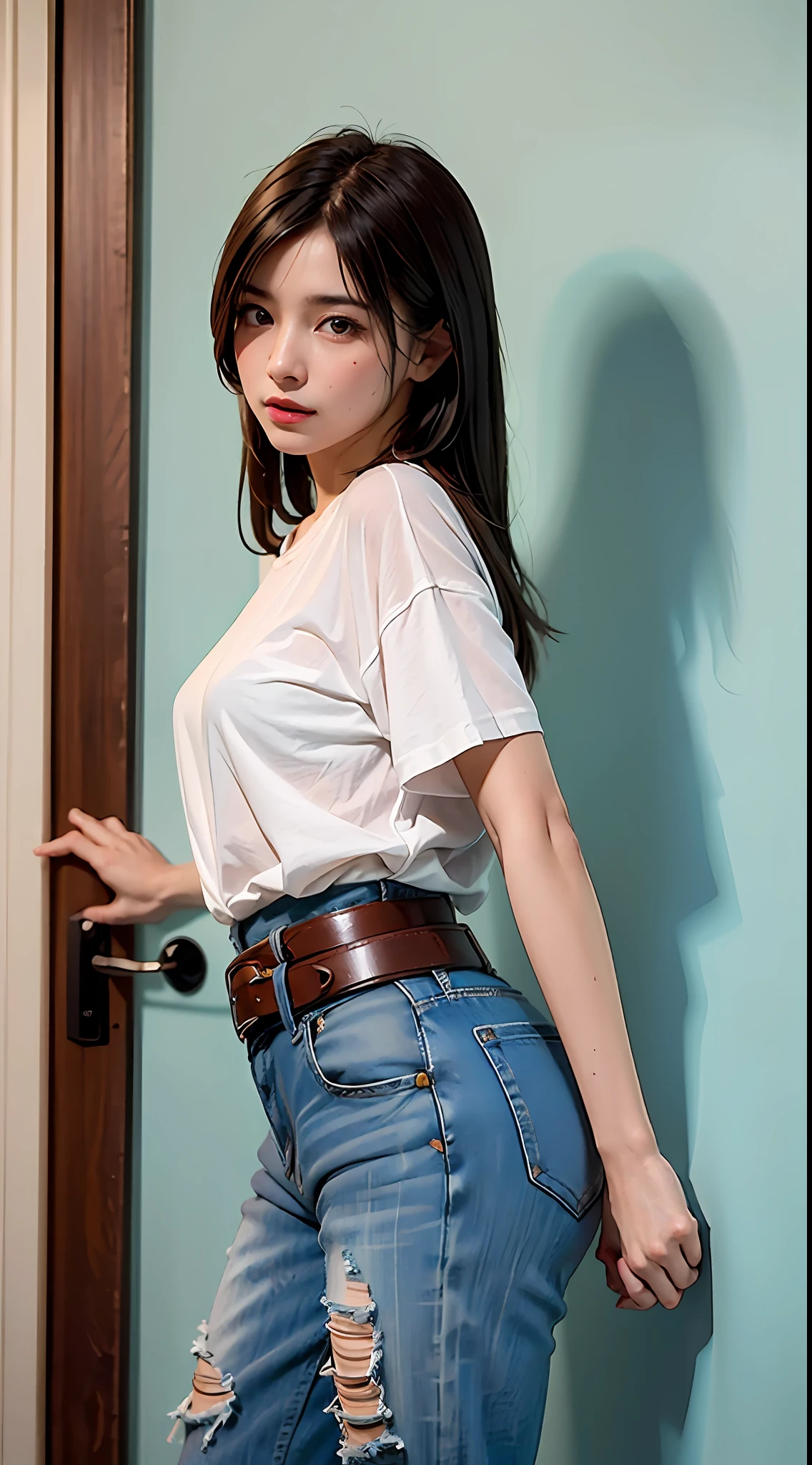 optimal quality，masterpaintings，ultra-high-resolution，（fidelity：1.4），Original photo，A small town in the American West，Air bangs，1 young girl，ff Tifa，waist belt，Loose white shirt，Cowboy hat，Denim pants， ponytailhair, curtained hair,  side swept bangs, aqua eyes,Leaning on the door frame，