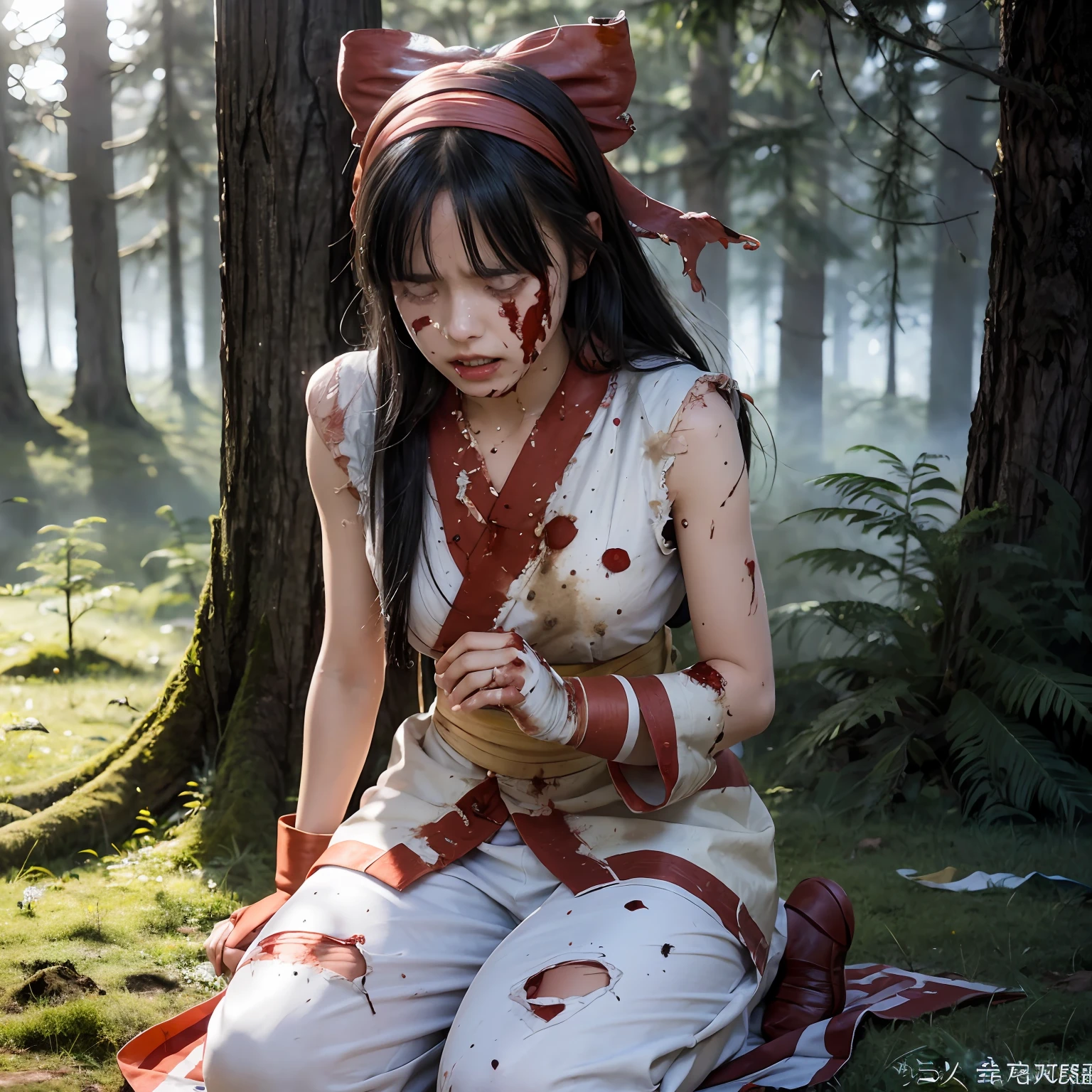 (Master Masterpiece), (Raw photography、highly best quality), UltraHighResolution, Professional artwork, ultra detaild, complicated, details face, Perfect lighting, (1 girl、独奏:1.2)、Nakoruru、long haired, Red bow, Bow, Blue Eye, black  hair, arma, ainu clothes, Hair Bow, hair band, reverse grip, ngel, Underpants,  gloves, extra very long hair, looking at the viewers, ponie tail, Underarms、naked leg, Sleeveless, Fingerless gloves, in a kimono, obi,A full body、(perfect hand:1.5)、(Perfect_Anatomy:1.2)、Octane Render、(Crying、weak and tired eyes、Tears:1.2),(Bruises and blood stains on the face and body、blood flowing from head and face、injuries on body、Damage、Wounds and cuts、bleeding lips:1.3),(Torn clothing、Tattered clothes:1.5)、(Kneeling weakly:1.2)、 (inside forest)、tousled hair、Tired and weak face、(Perfect Body、flawless、perfect thighs)、((Blood stains on clothes、bloody skin:1.3))、(Film lighting)、Soft lighting、Complex and cinematic appearance、Cinema tick writing、Dynamic Angles