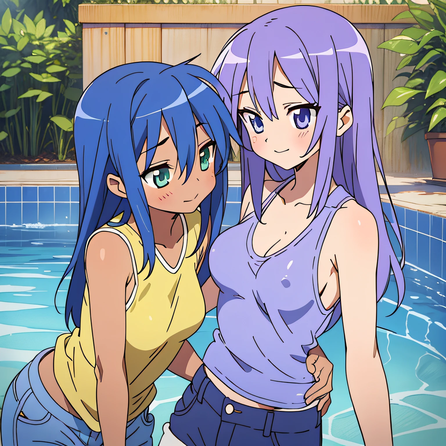 Kagami Hiiragi、Konata Izumi、Two women having fun by the pool、Lewd:1,2、Metamorphosis:1,2、NSFW:1,2、Lesbian Mika:1,2、Grabbing each other's buttocks、kissed、blushes、Wet sleeveless T-shirt、shortpants、anatomically correcte