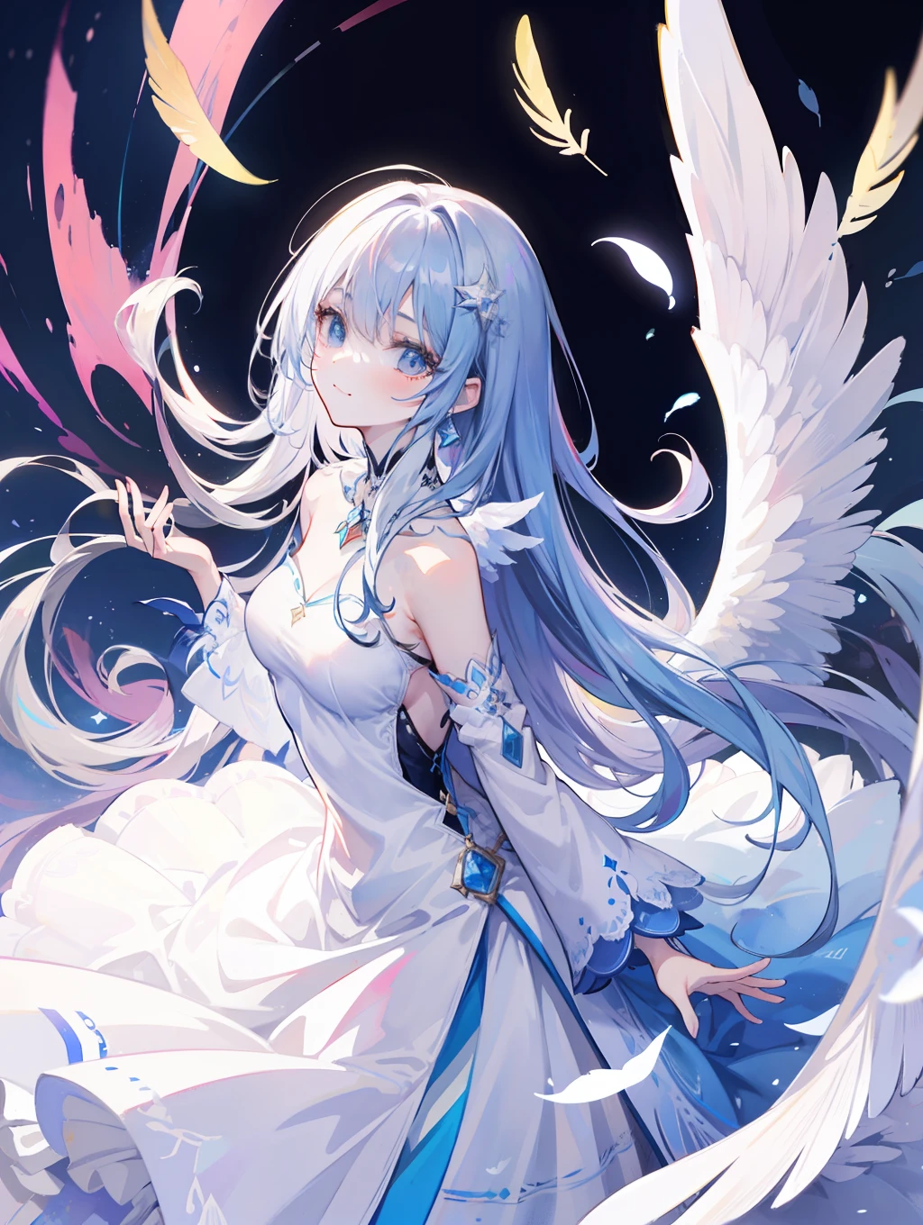 Anime Pictures。Watercolor smeared paint。Illustration that shines white。A woman with a big angel feather of about 18 years old on her back is smiling very, very happily。Wearing a beautiful embroidered dress。A prism glows in the background、Mystical illustration。Extremely high quality、high picture quality、Masterpiece、Best-aesthetic