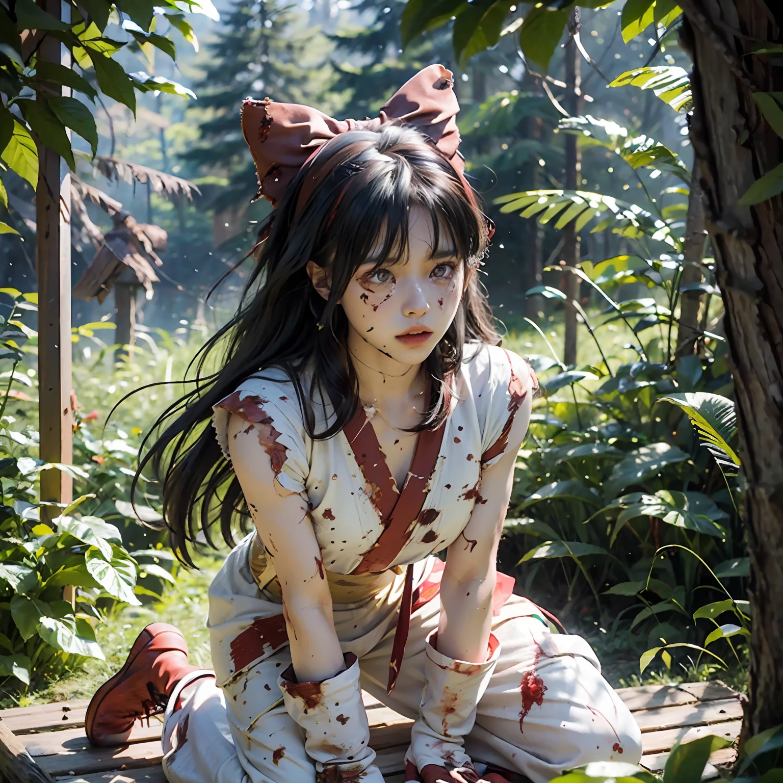 (Master Masterpiece), (Raw photography、highly best quality), UltraHighResolution, Professional artwork, ultra detaild, complicated, details face, Perfect lighting, (1 girl、独奏:1.2)、Nakoruru、long haired, Red bow, Bow, Blue Eye, black  hair, arma, ainu clothes, Hair Bow, hair band, reverse grip, ngel, Underpants,  gloves, extra very long hair, looking at the viewers, ponie tail, Underarms、naked leg, Sleeveless, Fingerless gloves, in a kimono, obi,A full body、(perfect hand:1.5)、(Perfect_Anatomy:1.2)、Octane Render、(Crying、weak and tired eyes、Tears:1.2),(Bruises and blood stains on the face and body、blood flowing from head and face、injuries on body、Damage、Wounds and cuts、bleeding lips:1.3),(Torn clothing、Tattered clothes:1.5)、(Kneeling weakly:1.2)、 (inside forest)、tousled hair、Tired and weak face、(Perfect Body、flawless、perfect thighs)、((Blood stains on clothes、bloody skin:1.3))、(Film lighting)、Soft lighting、Complex and cinematic appearance、Cinema tick writing、Dynamic Angles