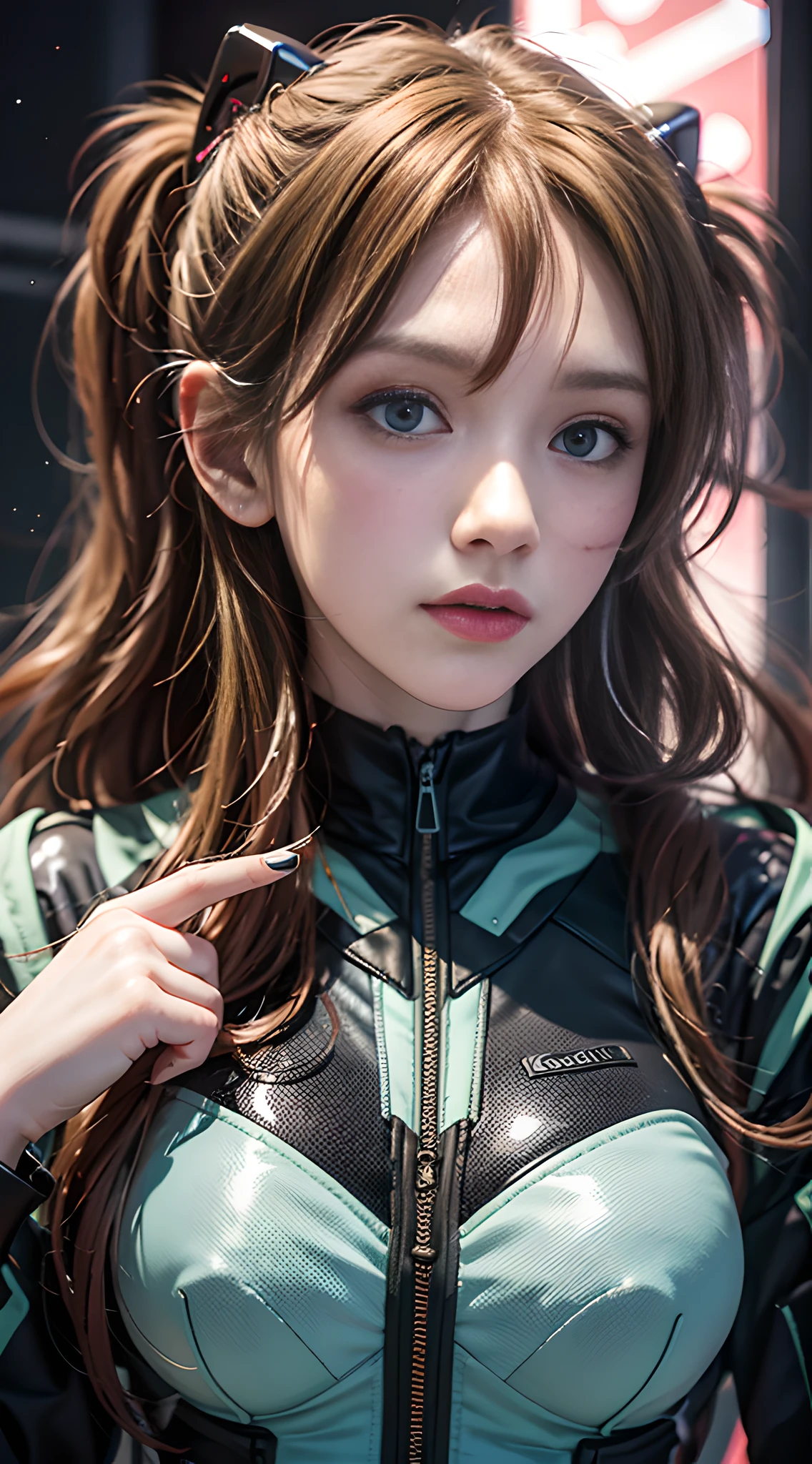 （overhead view），dynamic angle，superdetailed，illustration，Close up of，Straight Forward，1girl huge large breasts，souryuuasukalangley，
 （（Souryuu Asuka Lanley，Interface headset，red body suit：1.4，bionde）），Her eyes shone like dreamy stars，（gloweyes：1.233），（Beautiful and delicate eyes：1.1），（Expressionlessly，Keep your mouth shut），（to stand），
（Mechanical room with tools and spaceship windows in a white spaceship），
（夜晚：1.2），dreamlike， [[Slender fingers and hands：0.55]：：0.85]，（detail finger），