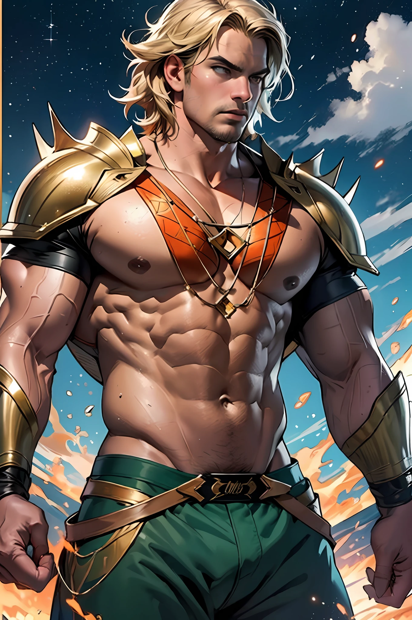 (8k, wallpaper, high resolution, best quality, masterpiece: 1.2), ultra-detailed, formal art, photorealism: 1.37, upper body shot, DC Aquaman, Arthur Curry, muscular, tall, hunk, big body, wide shouldet blond hair, cut short hair, orange scale armor, dark green pant film grain, action pose, night sky, tidal waves, serious face, holding a golden trident