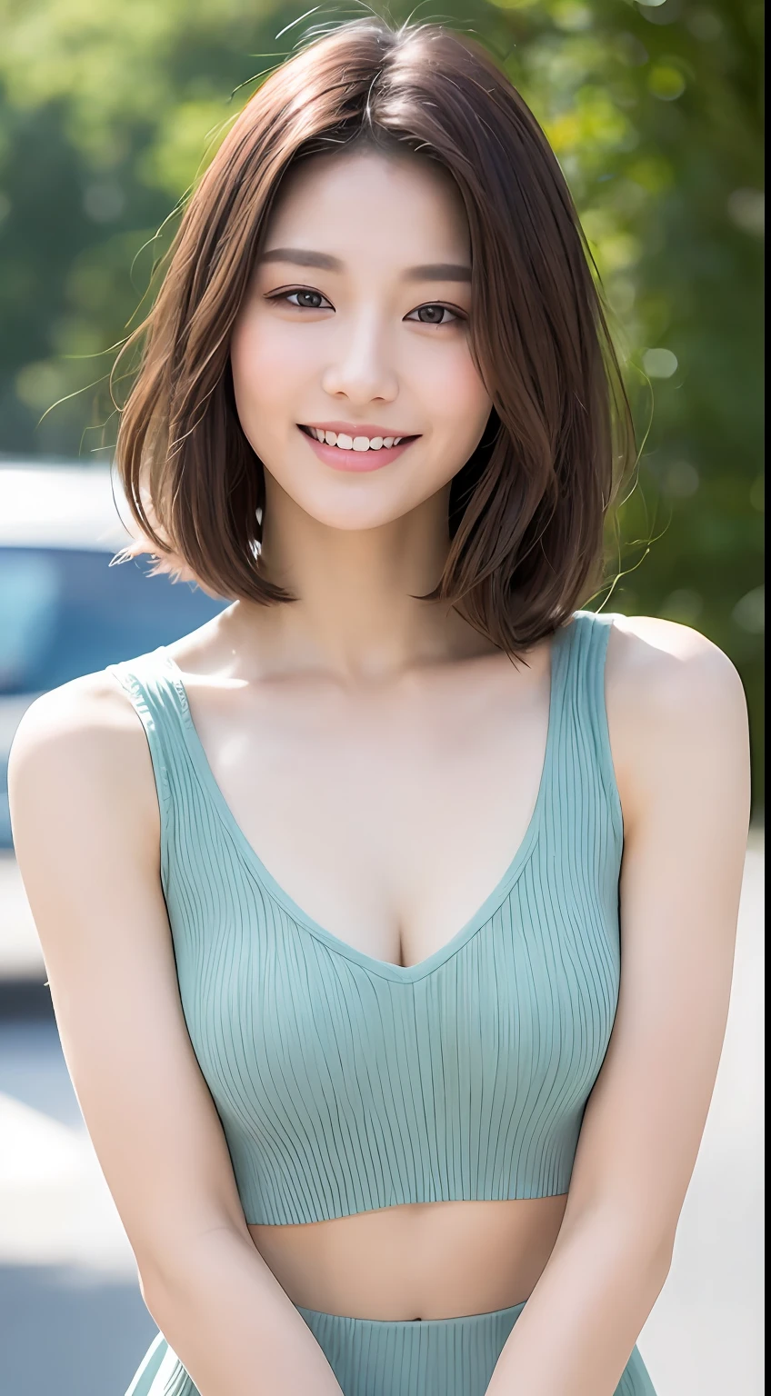 ((Best Quality, 8K, Masterpiece: 1.3)), 1 Girl, Slim Abs Beauty: 1.3, (Hairstyle Brown Hair Shortcut, Big: 1.2), Dress: 1.1, Super Slender Face, Delicate Eyes, Double Eyelids, Smile, Home, Raw Photo