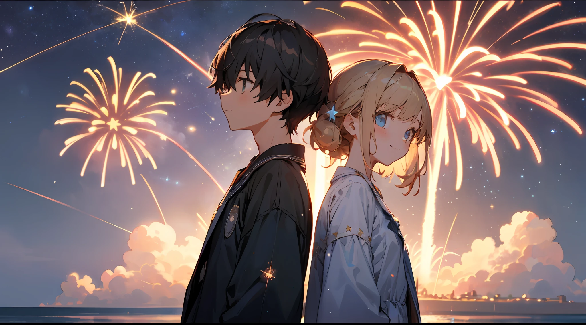 masterpiece,best quality,(upper body),cinematic angle,(A girl and a boy.),(light smile),standing,back-to-back,Back to back,starry sky,clusters of stars,starry sky,glinting stars,fireworks,firework background,beach,seaside