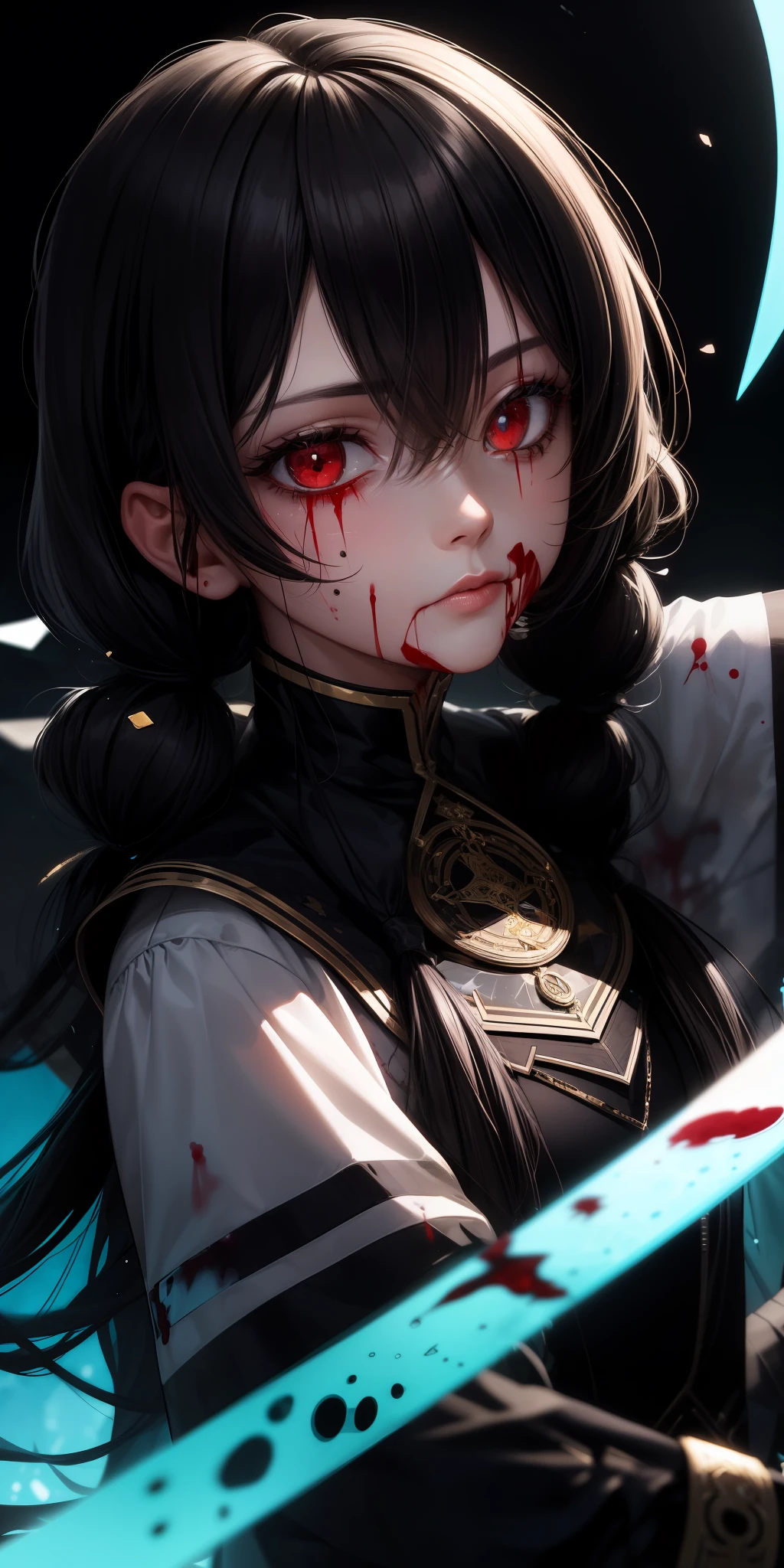 (masterpiece:1.2, best quality), (finely detailed beautiful eyes: 1.2), (detailed background,dark fantasy), (beautiful detailed face), high contrast, (best illumination, an extremely delicate and beautiful), ((cinematic light)), colorful, hyper detail, dramatic light, intricate details, (1girl, solo,black hair, sharp face,low twintails,red eyes, hair between eyes,dynamic angle), (blood splatter:1.4), swirling black light around the character, depth of field,black light particles,(broken glass),magic circle,