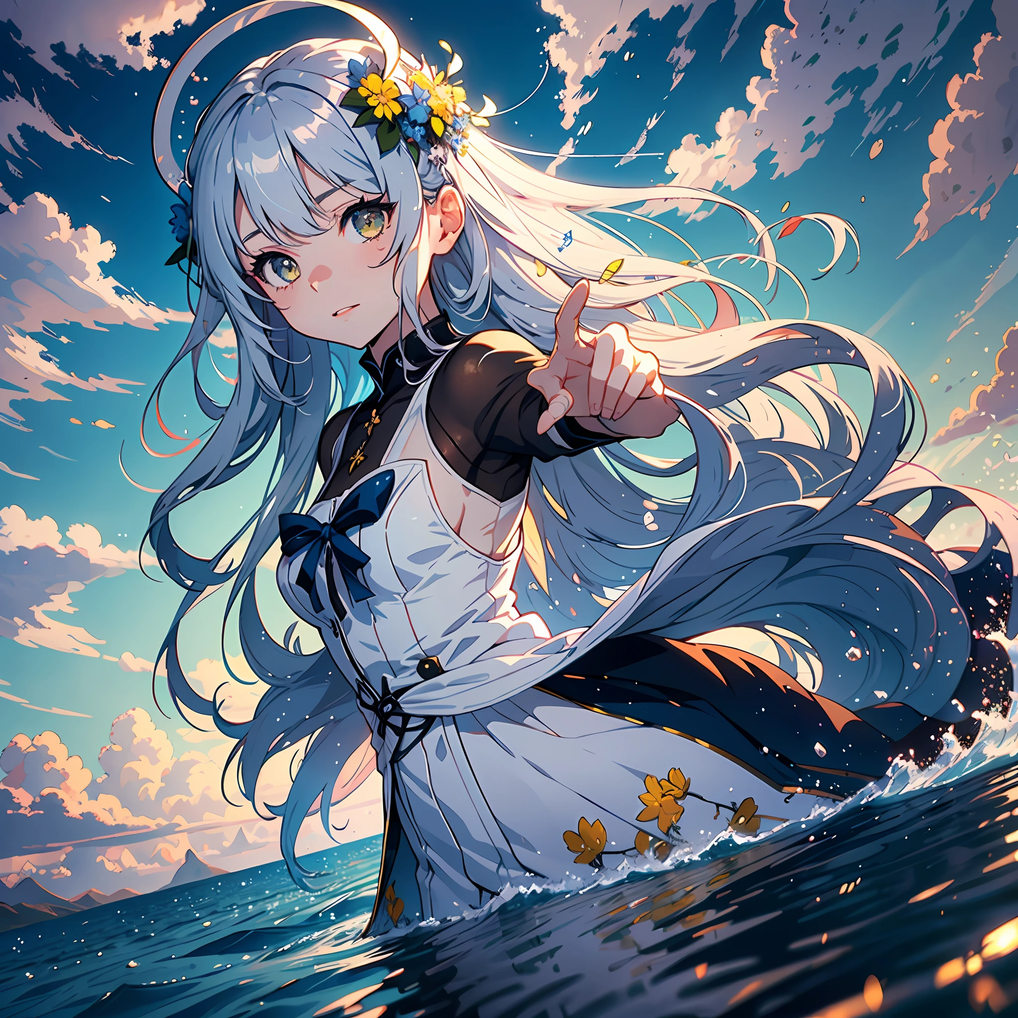 anime cinematic dark lighting, landscape sky and clouds with a sense of counter movement, white and big clouds, sun big and high, floor with blue lake water, reflection of sky in water, wind blowing hair, light bouncing from sun, indigo sun , clear day, hot weather, (ultimate detail in the landscape: 1.5), 1 girl, above the water reflection of the sky, masterpiece, (silver eyes: 1.5), (long hair blue green and strong yellow loose 1.8), anime ,happy look, new life perception, light, adult woman, white medieval dress embroidered with blue flowers, pose with open arms, anime colors, perspective image of girl, complex image, 4k, ultra detail reflections
