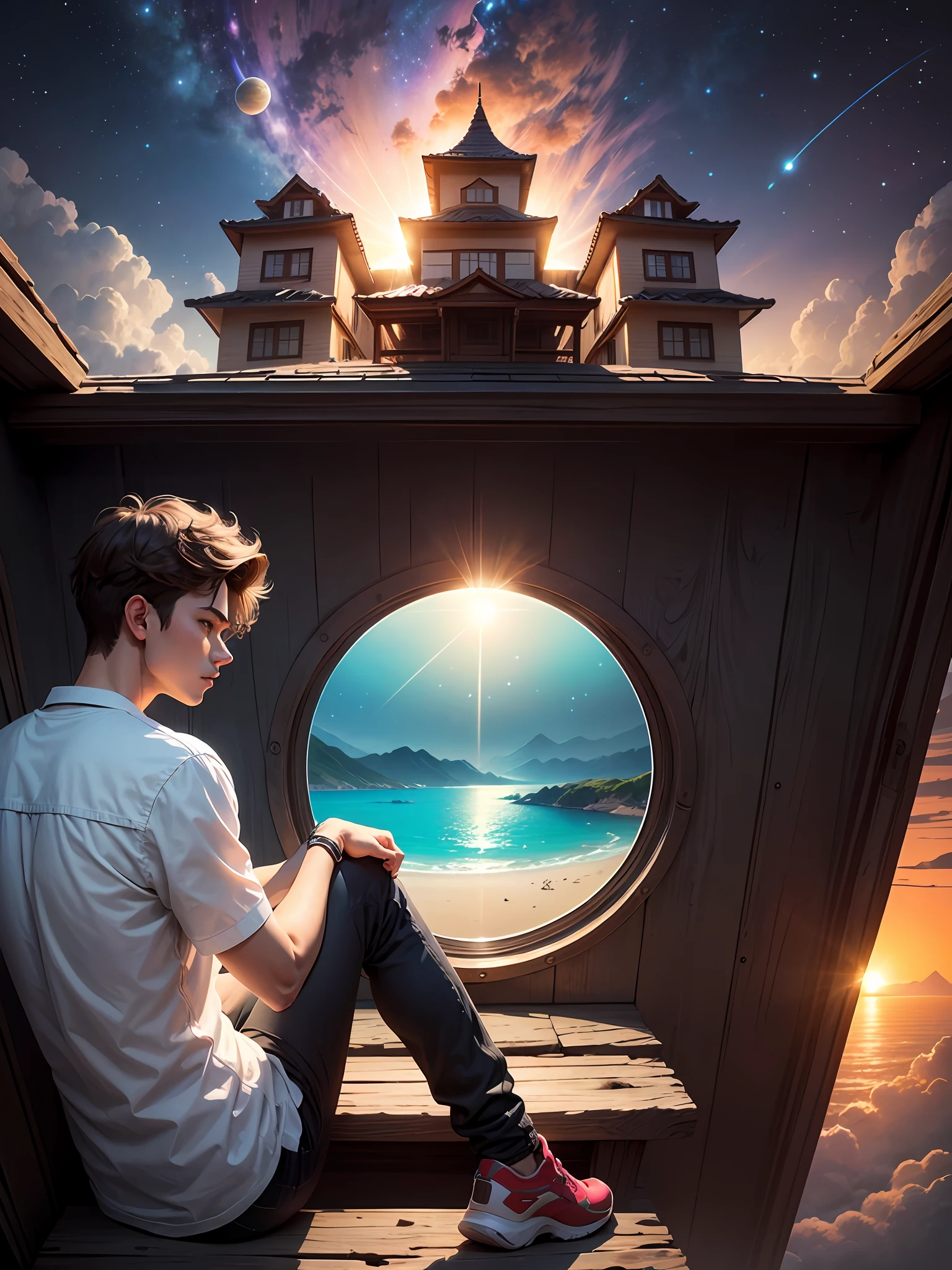 Best quality, ultra-detailed, a young man sitting on a wall of a house from a backside view, staring at a colourful mysterious sky filled with animated planets, sun, stars and universe, with a paradise-like background view. --auto